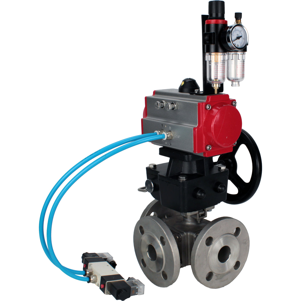 Ball valves Elephant BV3232P(4pc)-FP-3WL-F-ISO-H 16 bar full bore, flanged, body - stainless steel SS316, ISO flange F03/F04-F10/F12, square 9x9-19x19, with pneumatic drive PA-DA, mon/distribution 4V320-8 220V, Doubler MON3-700-T38-ISO and ATU AFC2