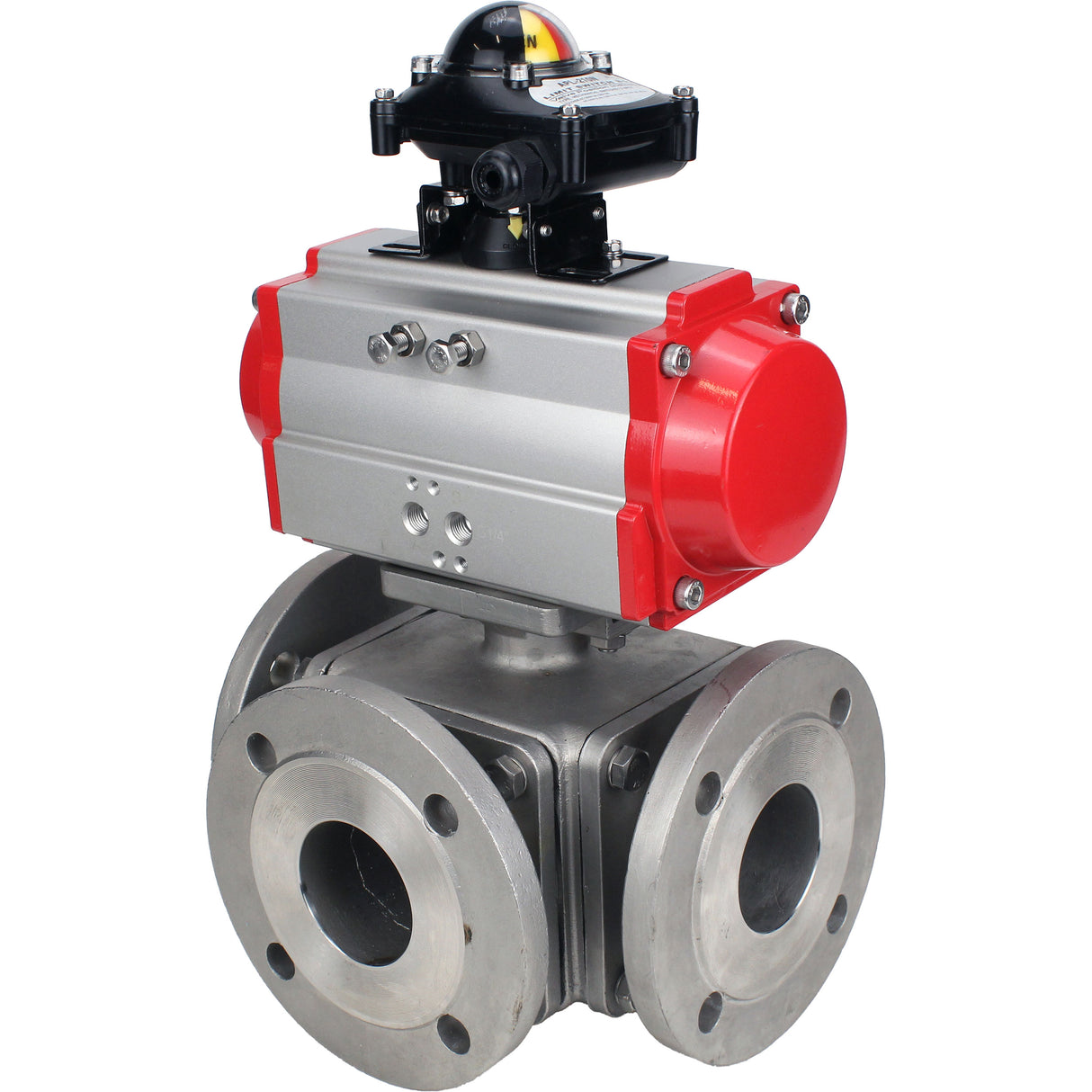 Ball valves Elephant BV3232P(4pc)-FP-3WL-F-ISO-H 16 bar full bore, flanged, body - stainless steel SS316, ISO flange F03/F04-F10/F12, square 9x9-19x19, with pneumatic drive Elephant PA-SA with return springs and LSU APL-210N