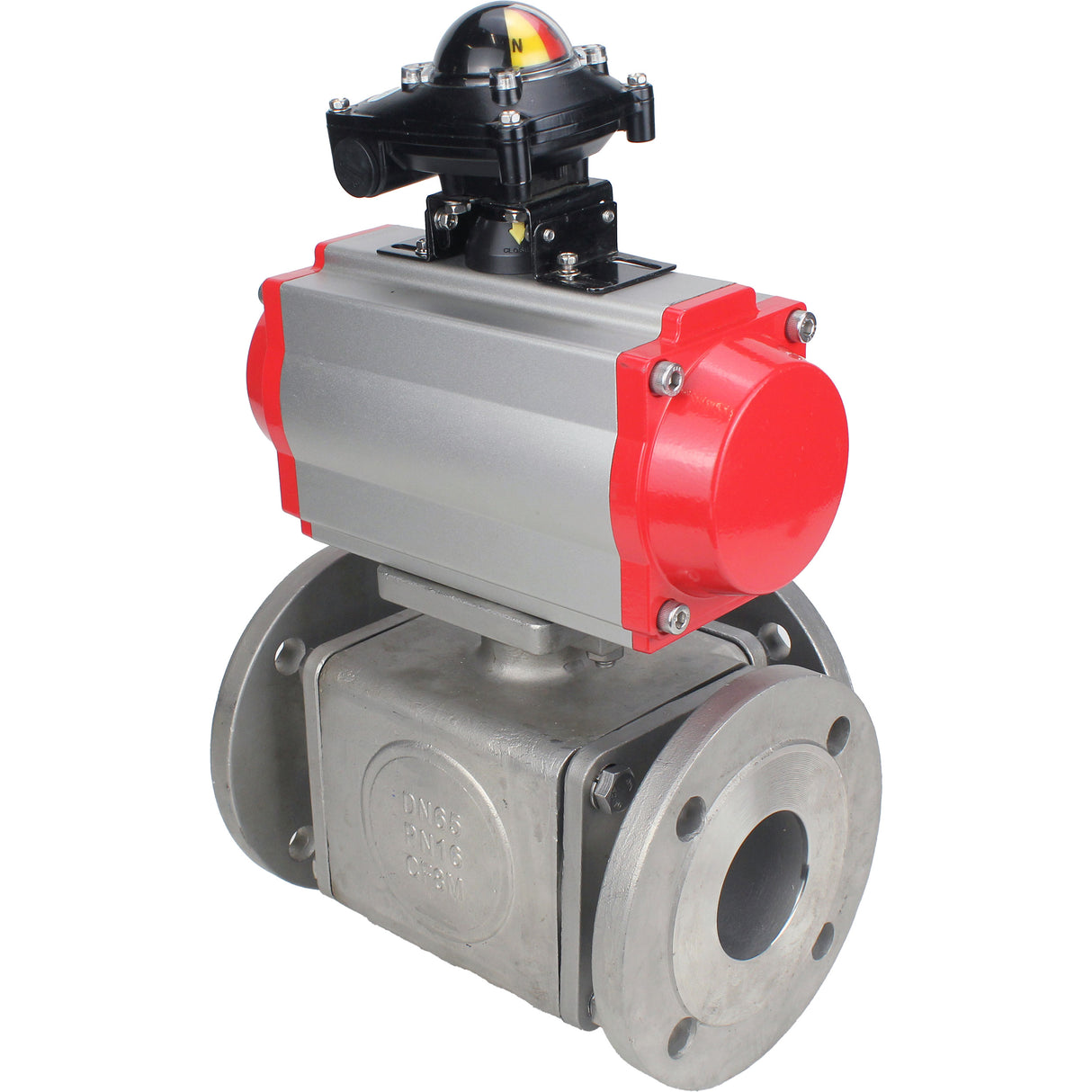 Ball valves Elephant BV3232P(4pc)-FP-3WL-F-ISO-H 16 bar full bore, flanged, body - stainless steel SS316, ISO flange F03/F04-F10/F12, square 9x9-19x19, with pneumatic drive Elephant PA-SA with return springs and LSU APL-210N