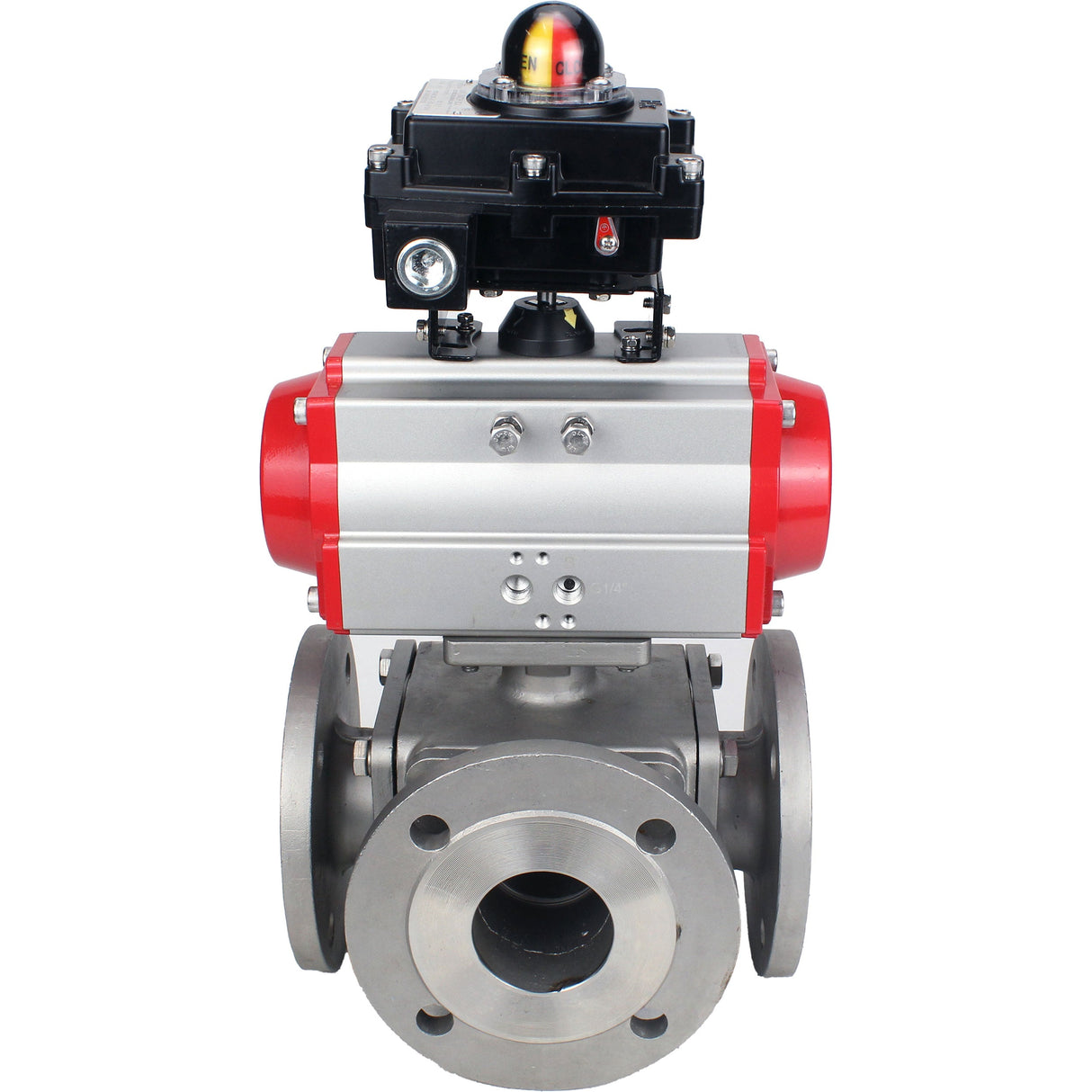 Ball valves Elephant BV3232P(4pc)-FP-3WL-F-ISO-H 16 bar full bore, flanged, body - stainless steel SS316, ISO flange F03/F04-F10/F12, square 9x9-19x19, with pneumatic drive Elephant PA-SA with return springs and LSU APL-410N EX