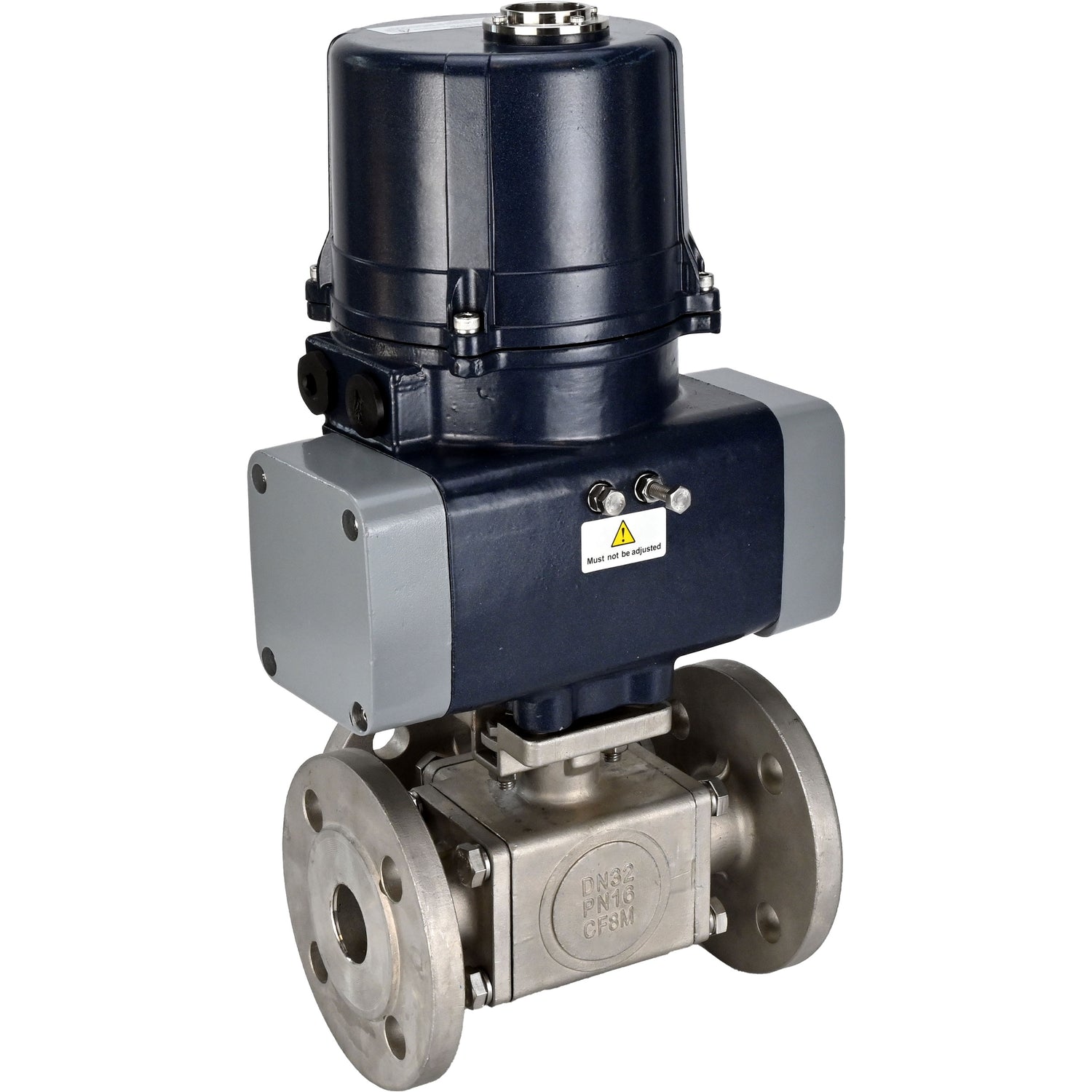 Ball valves Elephant BV3232P(4pc)-FP-3WL-F-ISO-H full bore, three-way, flanged, body - SS316 stainless steel, seal - PTFE, with electric quarter turn actuator Elephant QTSA-N-EM-O0-220VAC