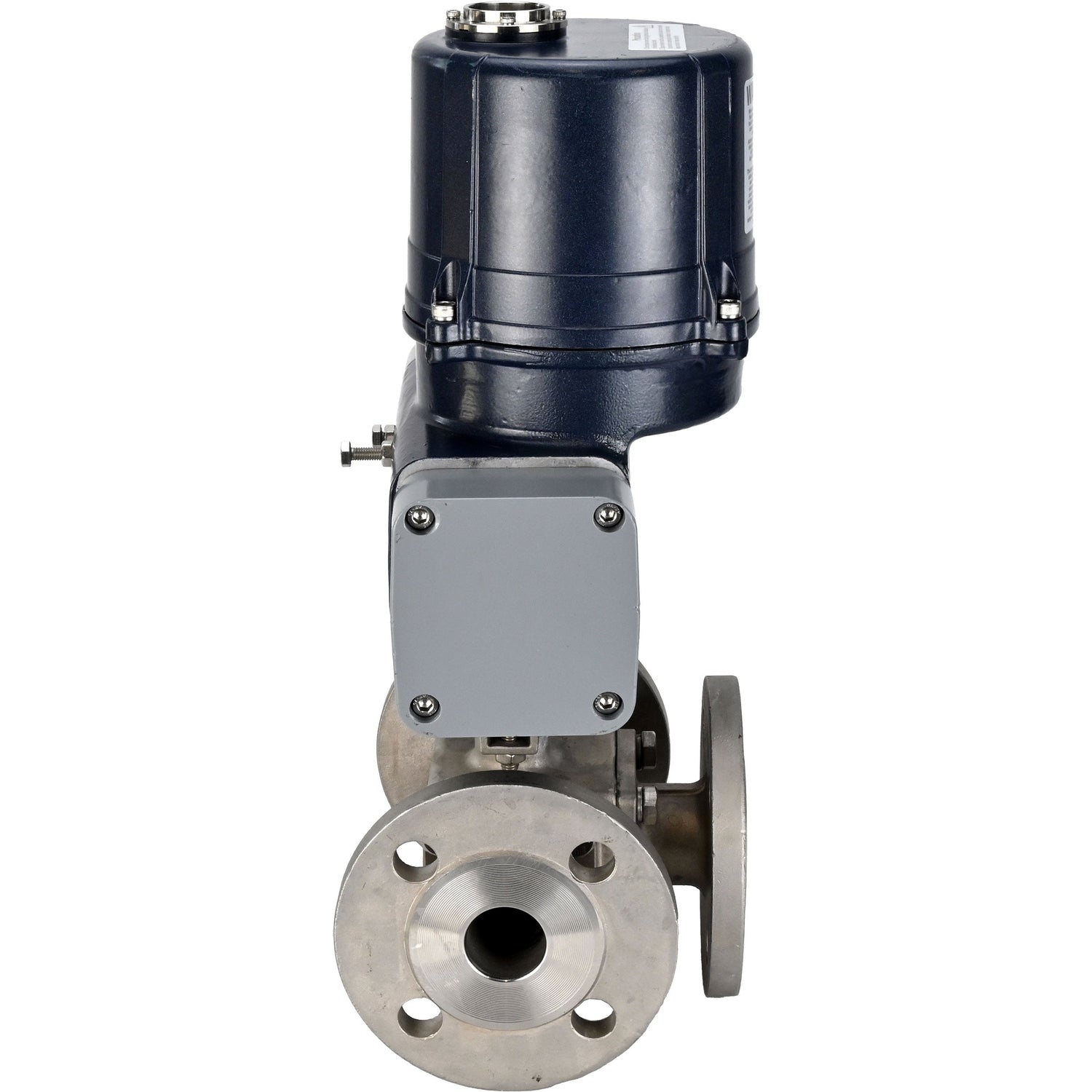 Ball valves Elephant BV3232P(4pc)-FP-3WL-F-ISO-H full bore, three-way, flanged, body - SS316 stainless steel, seal - PTFE, with electric quarter turn actuator Elephant QTSA-N-EM-O0-220VAC