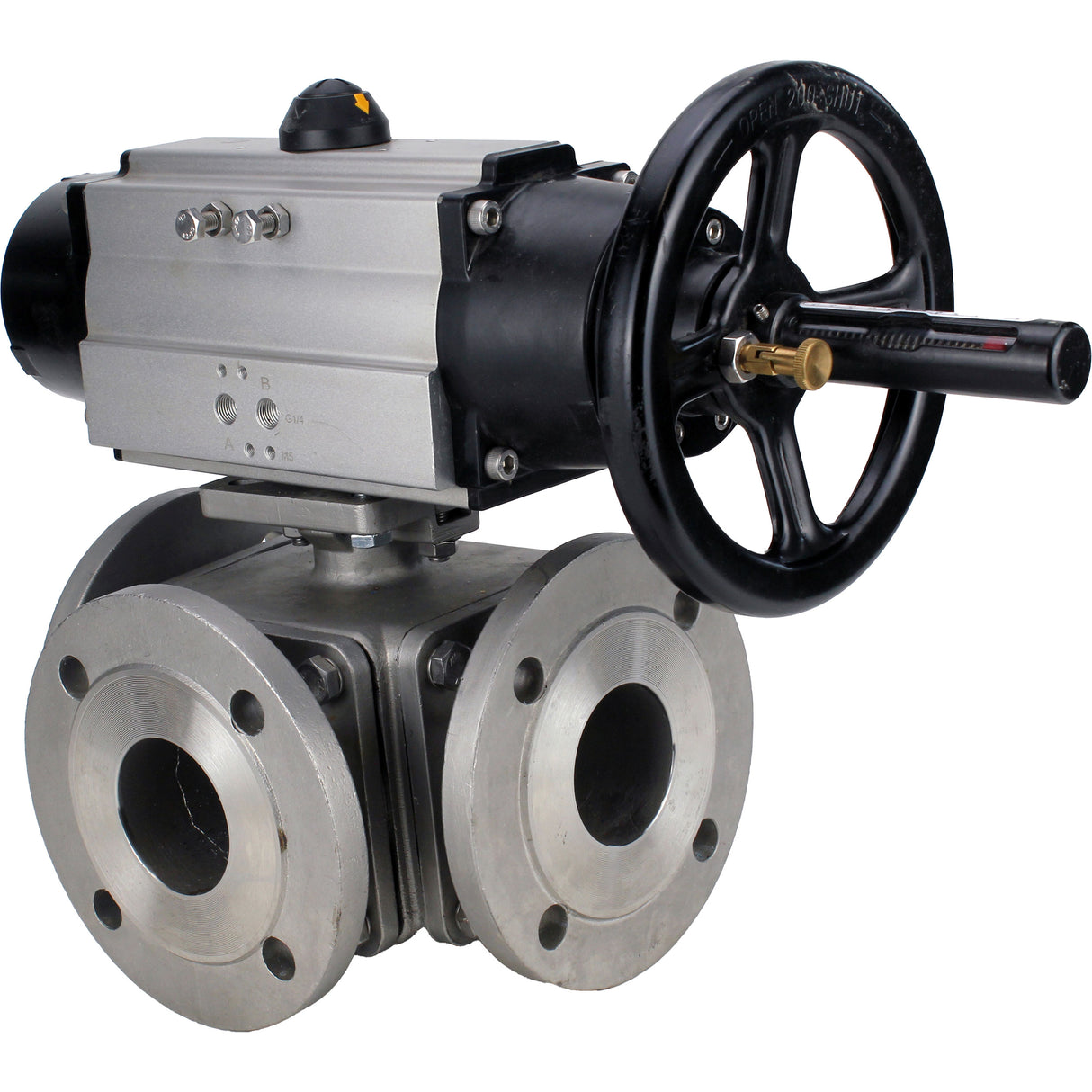 Vannes à boisseau sphérique Elephant BV3232P(4pc)-FP-3WL-F-ISO-H DN100 16 bar passage intégral, à brides, corps - acier inoxydable SS316, bride ISO F10/F12, carré 19x19, avec double actionneur pneumatique PA-DA-105-1 actions