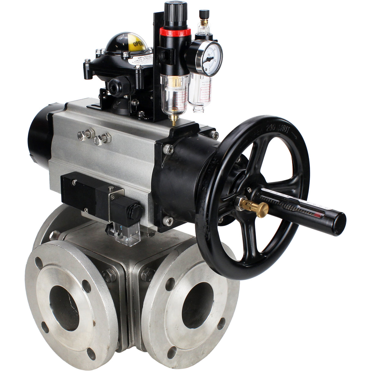 Ball valves Elephant BV3232P(4pc)-FP-3WL-F-ISO-H DN100 16 bar full bore, flanged, body - stainless steel SS316, ISO flange F10/F12, square 19x19, with pneumatic actuator PA-DA-105-1, pneumatic distributor 4M310-08 NAMUR 24V, LSU APL-210N and ATU AFC2000