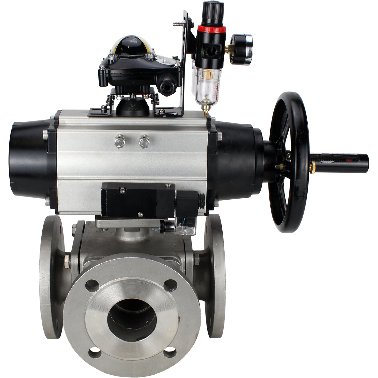 Ball valves Elephant BV3232P(4pc)-FP-3WL-F-ISO-H DN100 16 bar full bore, flanged, body - stainless steel SS316, ISO flange F10/F12, square 19x19, with pneumatic actuator PA-DA-105-1, pneumatic distributor 4M310-08 NAMUR 24V, LSU APL-210N and ATU AFC2000