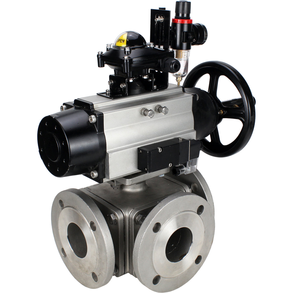 Ball valves Elephant BV3232P(4pc)-FP-3WL-F-ISO-H DN100 16 bar full bore, flanged, body - stainless steel SS316, ISO flange F10/F12, square 19x19, with pneumatic actuator PA-DA-105-1, pneumatic distributor 4M310-08 NAMUR 24V, LSU APL-210N and ATU AFC2000