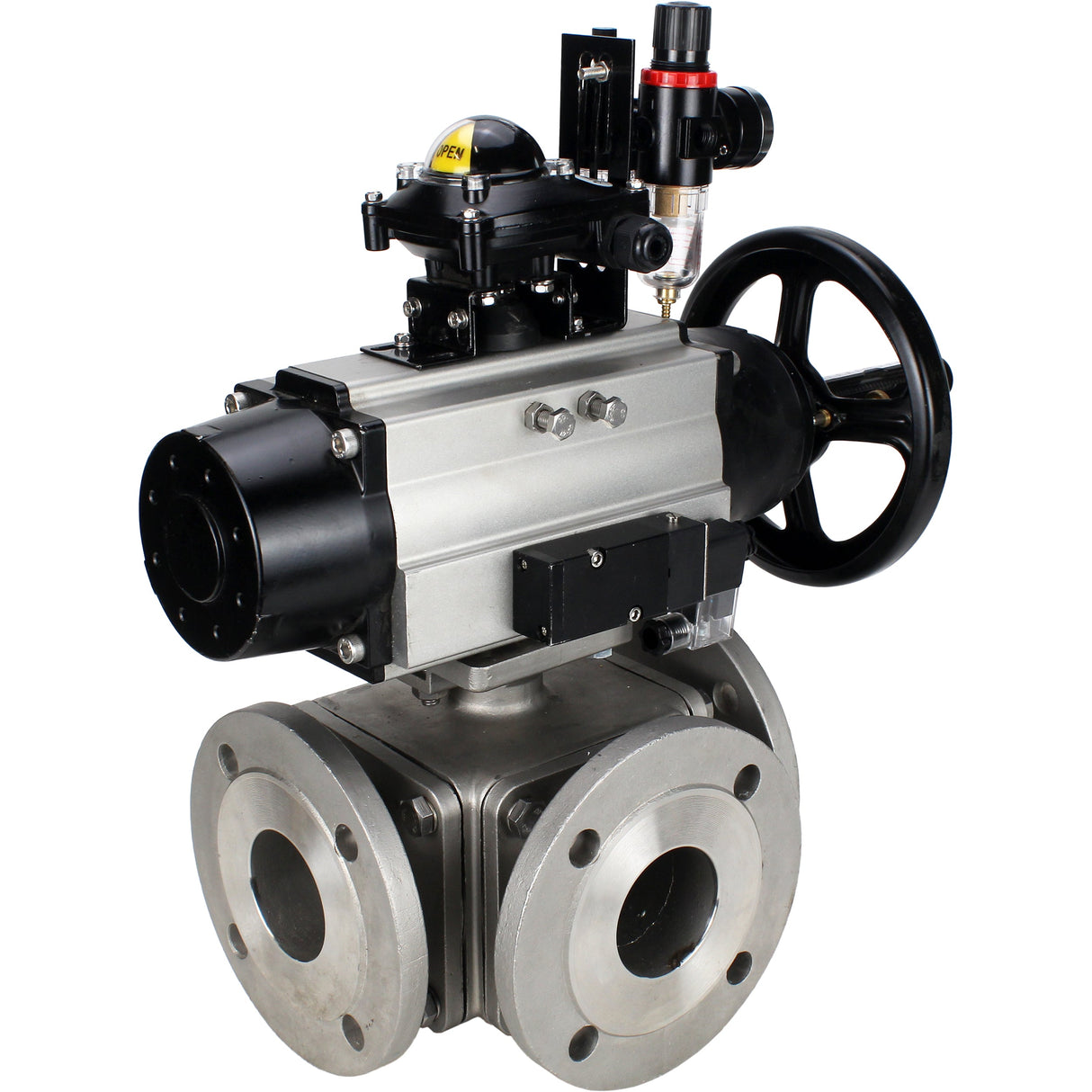 Ball valves Elephant BV3232P(4pc)-FP-3WL-F-ISO-H DN100 16 bar full bore, flanged, body - stainless steel SS316, ISO flange F10/F12, square 19x19, with pneumatic actuator PA-DA-105-1, pneumatic distributor 4M310-08 NAMUR 24V, LSU APL-210N and ATU AFC2000