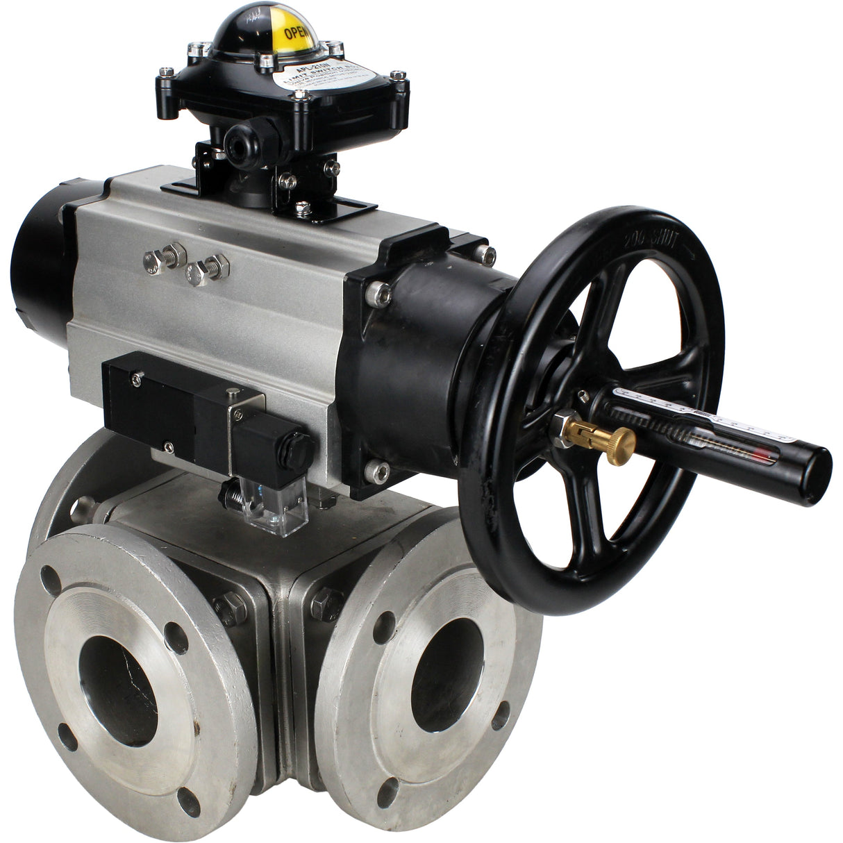 Ball valves Elephant BV3232P(4pc)-FP-3WL-F-ISO-H DN100 16 bar full bore, flanged, body - stainless steel SS316, ISO flange F10/F12, square 19x19, with double pneumatic actuator PA-DA-105-1 action, pneumatic distributor 4M310-08 NAMUR 24V and LSU APL-210N