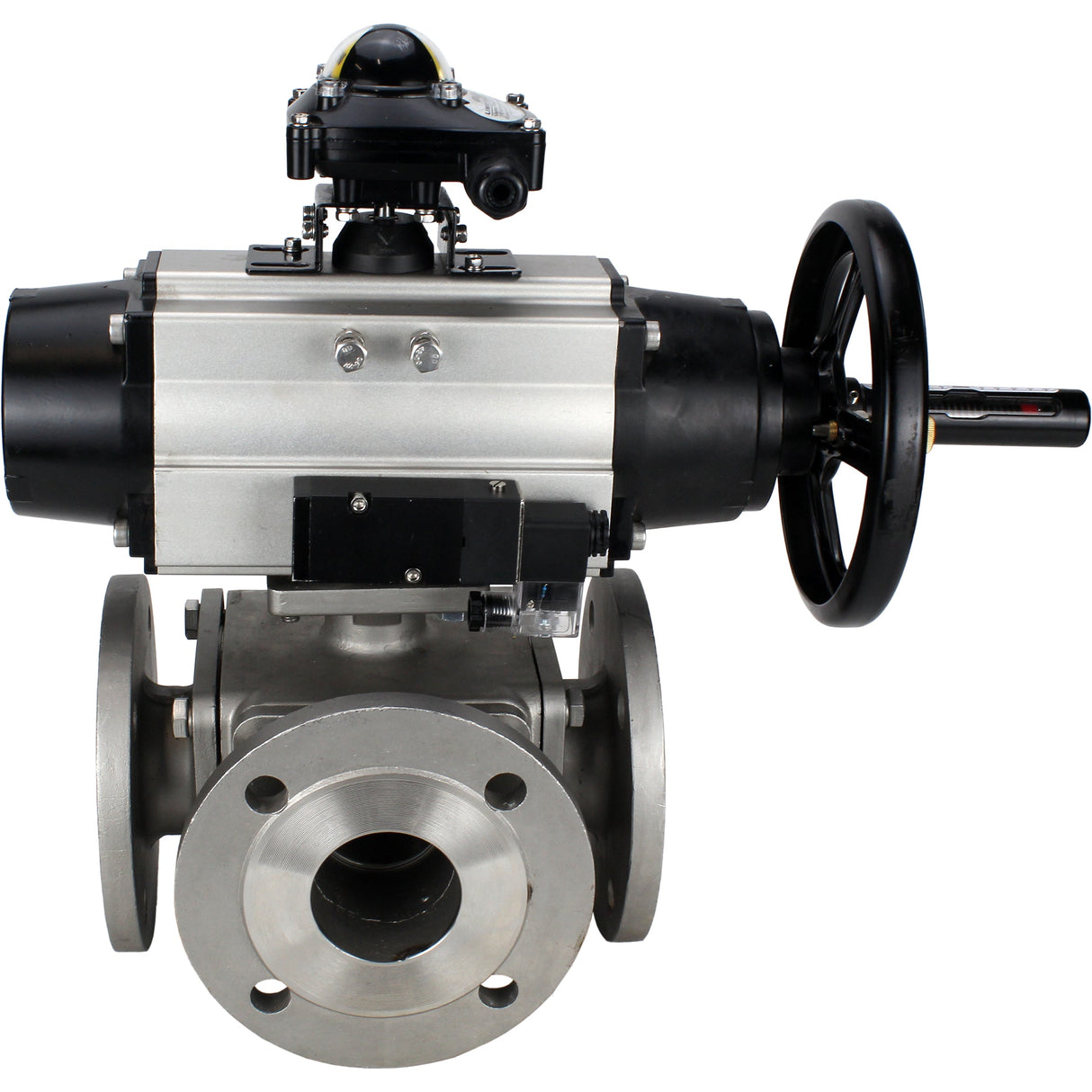 Ball valves Elephant BV3232P(4pc)-FP-3WL-F-ISO-H DN100 16 bar full bore, flanged, body - stainless steel SS316, ISO flange F10/F12, square 19x19, with double pneumatic actuator PA-DA-105-1 action, pneumatic distributor 4M310-08 NAMUR 24V and LSU APL-210N