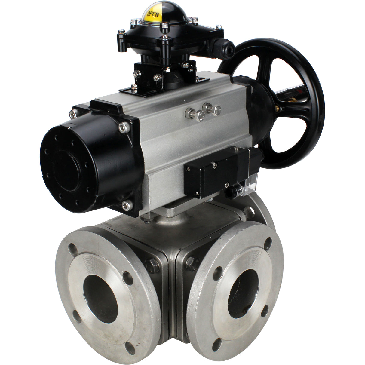 Ball valves Elephant BV3232P(4pc)-FP-3WL-F-ISO-H DN100 16 bar full bore, flanged, body - stainless steel SS316, ISO flange F10/F12, square 19x19, with double pneumatic actuator PA-DA-105-1 action, pneumatic distributor 4M310-08 NAMUR 220V and LSU APL-210N