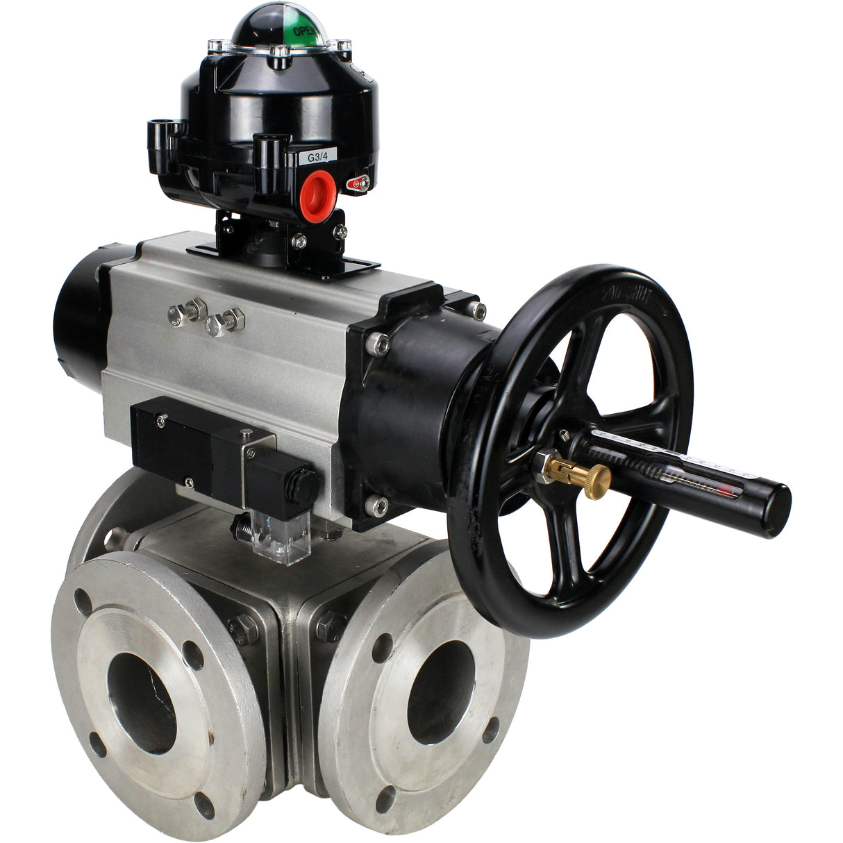 Ball valves Elephant BV3232P(4pc)-FP-3WL-F-ISO-H DN100 16 bar full bore, flanged, body - stainless steel SS316, ISO flange F10/F12, square 19x19, with double pneumatic actuator PA-DA-105-1 action, pneumatic distributor 4M310-08 24V and LSU APL-510N EX