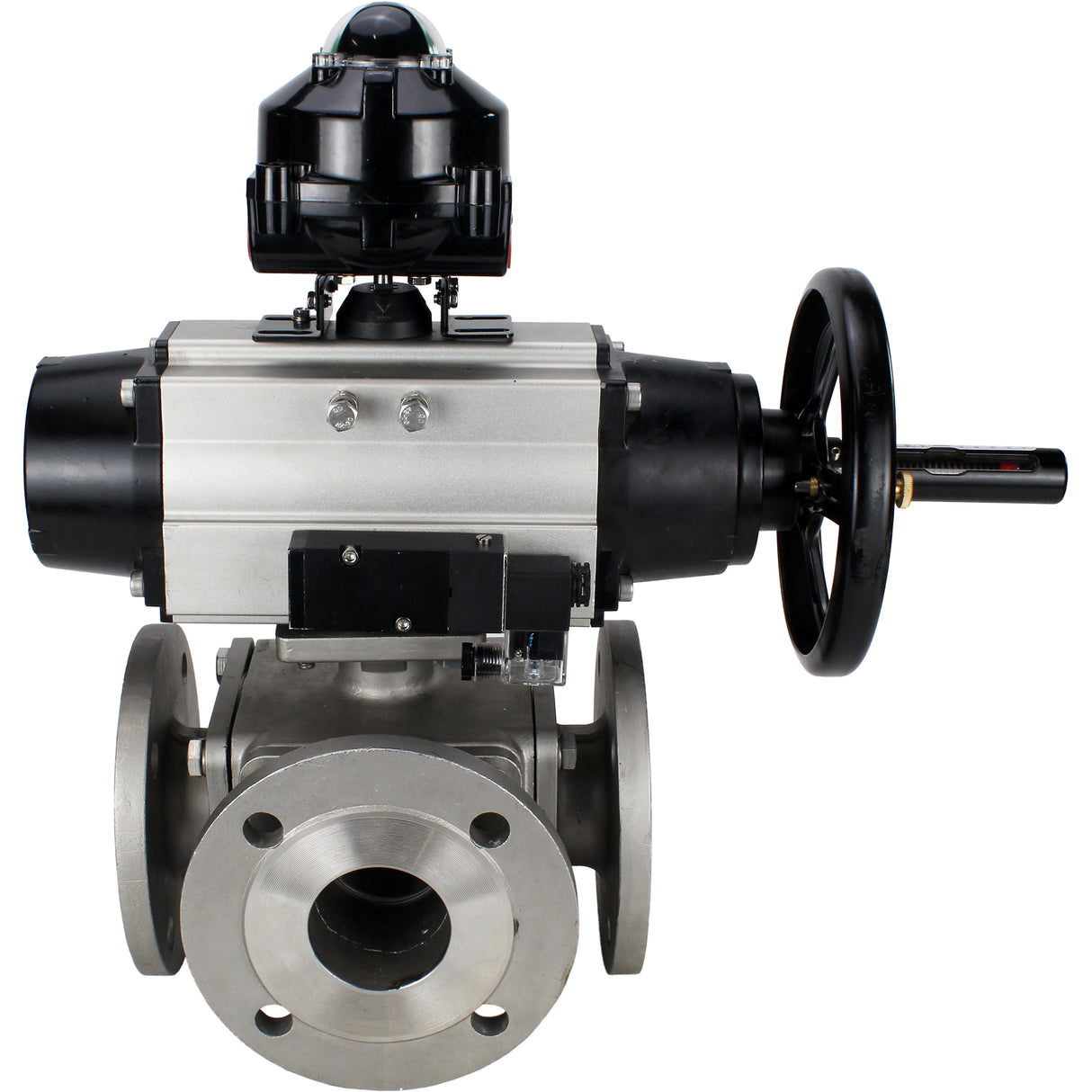 Ball valves Elephant BV3232P(4pc)-FP-3WL-F-ISO-H DN100 16 bar full bore, flanged, body - stainless steel SS316, ISO flange F10/F12, square 19x19, with double pneumatic actuator PA-DA-105-1 action, pneumatic distributor 4M310-08 220V and LSU APL-510N E