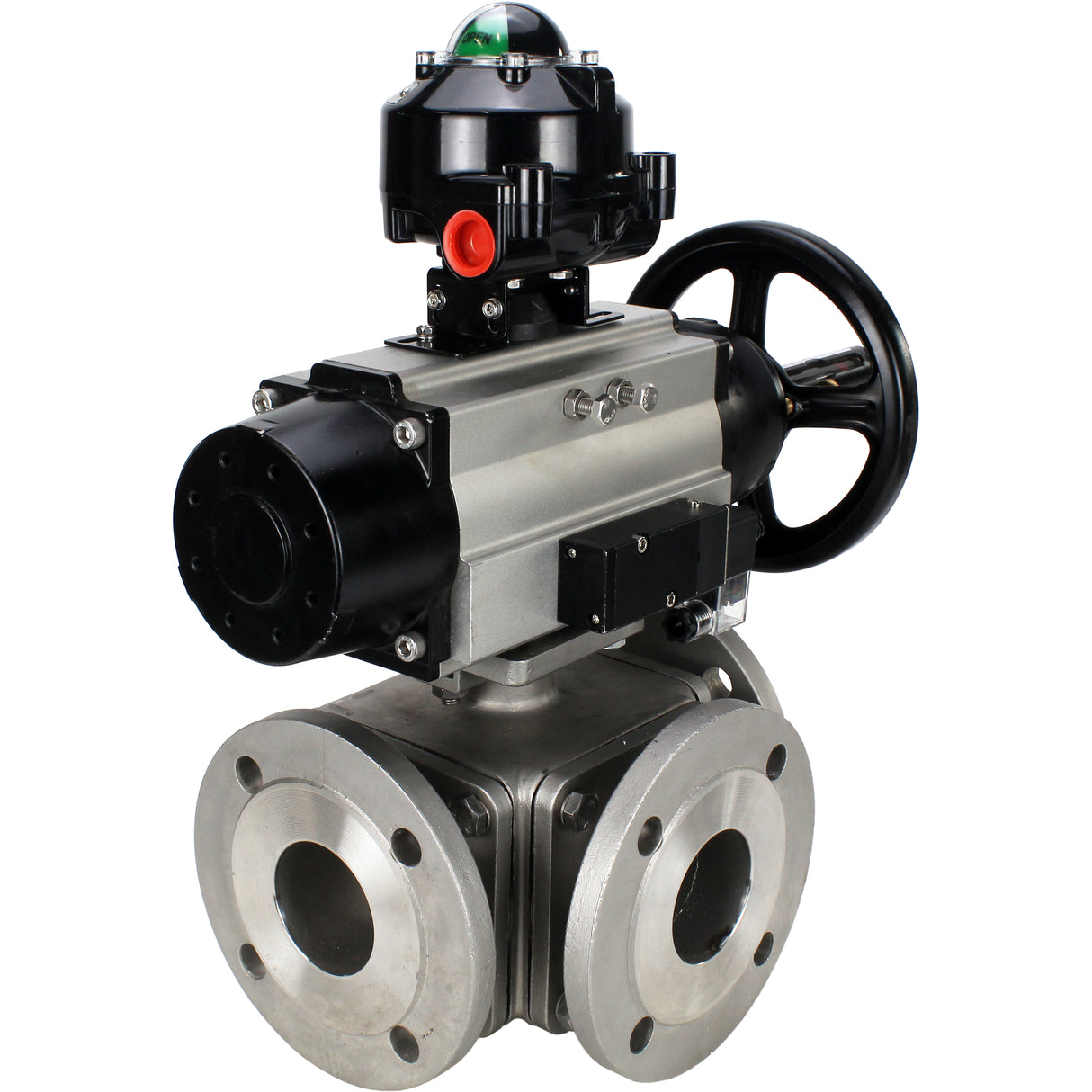 Ball valves Elephant BV3232P(4pc)-FP-3WL-F-ISO-H DN100 16 bar full bore, flanged, body - stainless steel SS316, ISO flange F10/F12, square 19x19, with double pneumatic actuator PA-DA-105-1 action, pneumatic distributor 4M310-08 220V and LSU APL-510N E