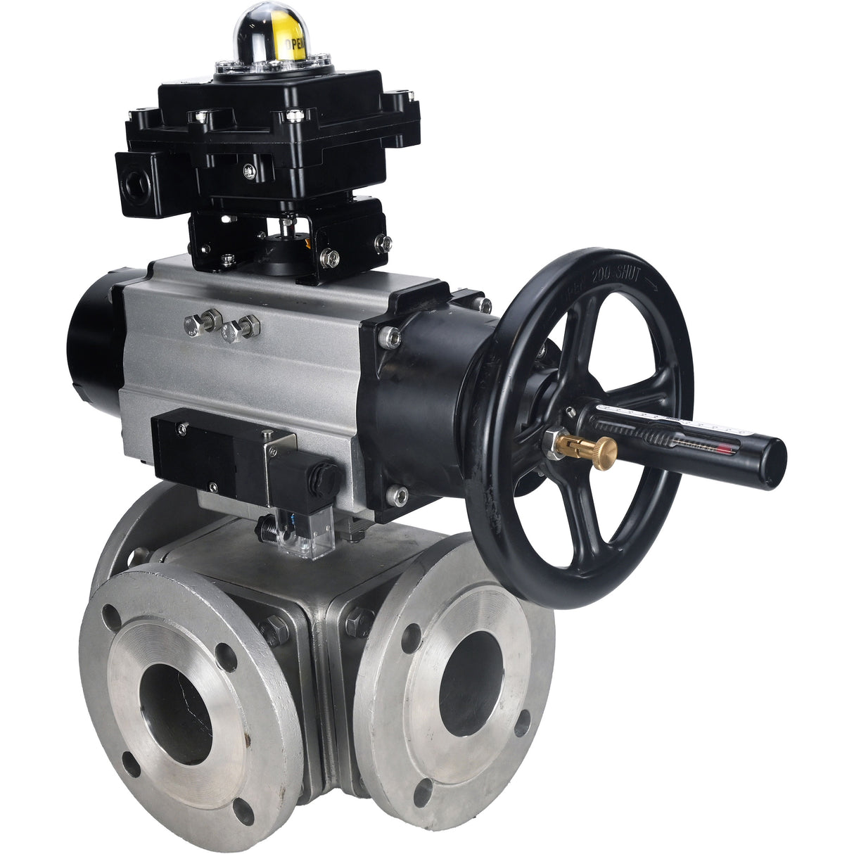 Ball valves Elephant BV3232P(4pc)-FP-3WL-F-ISO-H DN100 16 bar full bore, flanged, body - stainless steel SS316, ISO flange F10/F12, square 19x19, with double pneumatic actuator PA-DA-105-1 action, pneumatic distributor 4M310-08 220V and LSU APL-410N E