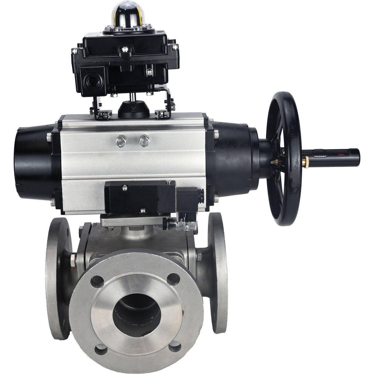 Ball valves Elephant BV3232P(4pc)-FP-3WL-F-ISO-H DN100 16 bar full bore, flanged, body - stainless steel SS316, ISO flange F10/F12, square 19x19, with double pneumatic actuator PA-DA-105-1 action, pneumatic distributor 4M310-08 24V and LSU APL-410N EX
