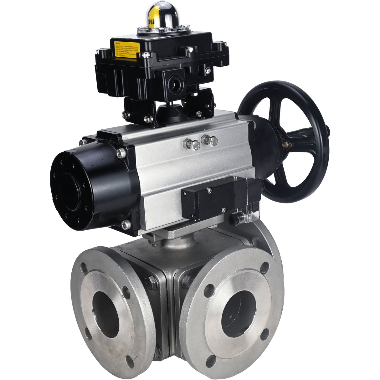 Ball valves Elephant BV3232P(4pc)-FP-3WL-F-ISO-H DN100 16 bar full bore, flanged, body - stainless steel SS316, ISO flange F10/F12, square 19x19, with double pneumatic actuator PA-DA-105-1 action, pneumatic distributor 4M310-08 220V and LSU APL-410N E
