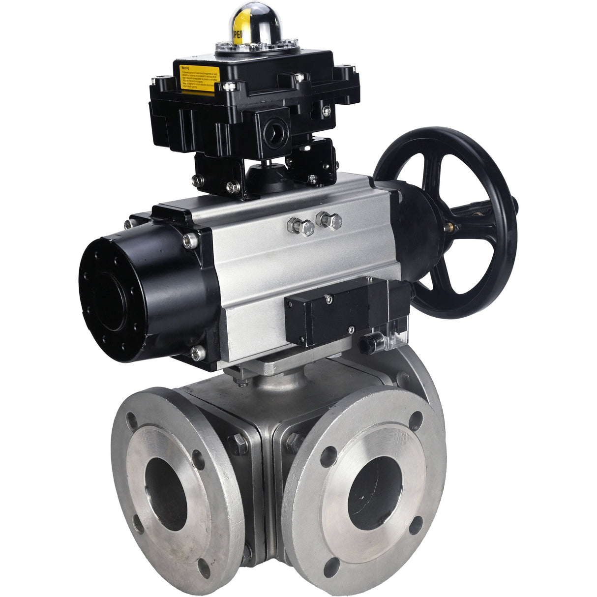 Ball valves Elephant BV3232P(4pc)-FP-3WL-F-ISO-H DN100 16 bar full bore, flanged, body - stainless steel SS316, ISO flange F10/F12, square 19x19, with double pneumatic actuator PA-DA-105-1 action, pneumatic distributor 4M310-08 24V and LSU APL-410N EX