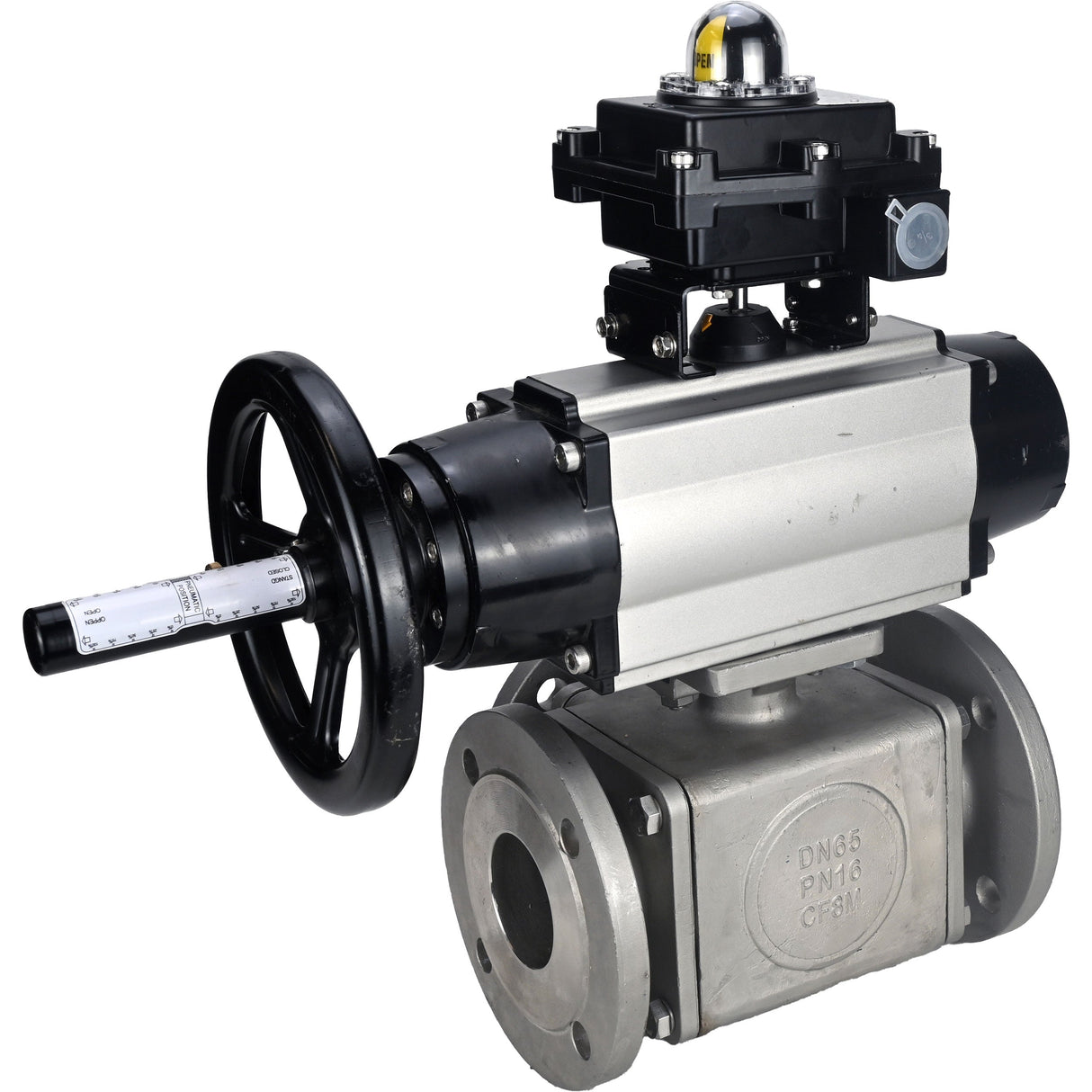 Ball valves Elephant BV3232P(4pc)-FP-3WL-F-ISO-H DN100 16 bar full bore, flanged, body - stainless steel SS316, ISO flange F10/F12, square 19x19, with double pneumatic actuator PA-DA-105-1 action, pneumatic distributor 4M310-08 220V and LSU APL-410N E