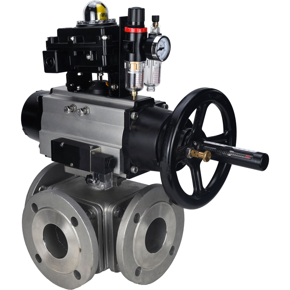 Ball valves Elephant BV3232P(4pc)-FP-3WL-F-ISO-H DN100 16 bar full bore, flanged, body - stainless steel SS316, ISO flange F10/F12, square 19x19, with pneumatic actuator PA-DA-105-1, pneumatic distributor 4M310-08 24V, LSU APL-410N EX and ATU AFC2000