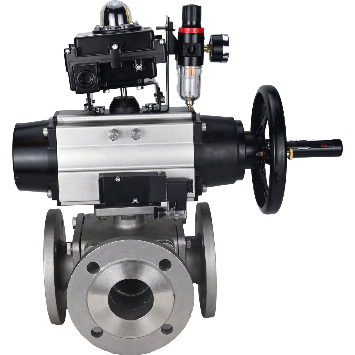Ball valves Elephant BV3232P(4pc)-FP-3WL-F-ISO-H DN100 16 bar full bore, flanged, body - stainless steel SS316, ISO flange F10/F12, square 19x19, with pneumatic actuator PA-DA-105-1, pneumatic distributor 4M310-08 220V, LSU APL-410N EX and ATU AFC2000