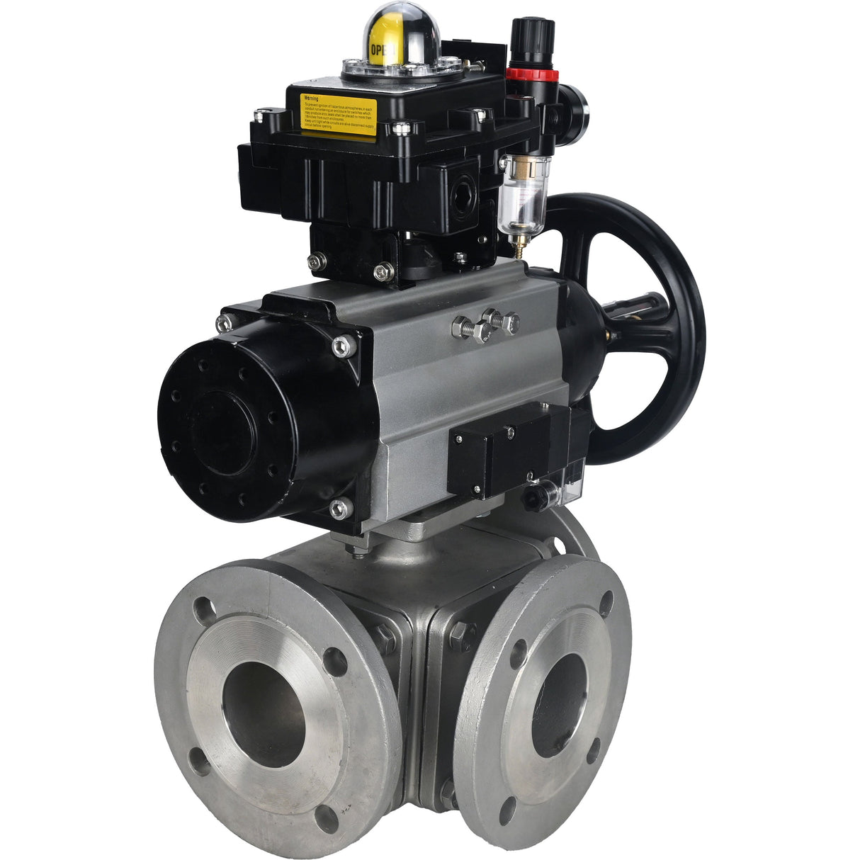 Ball valves Elephant BV3232P(4pc)-FP-3WL-F-ISO-H DN100 16 bar full bore, flanged, body - stainless steel SS316, ISO flange F10/F12, square 19x19, with pneumatic actuator PA-DA-105-1, pneumatic distributor 4M310-08 220V, LSU APL-410N EX and ATU AFC2000