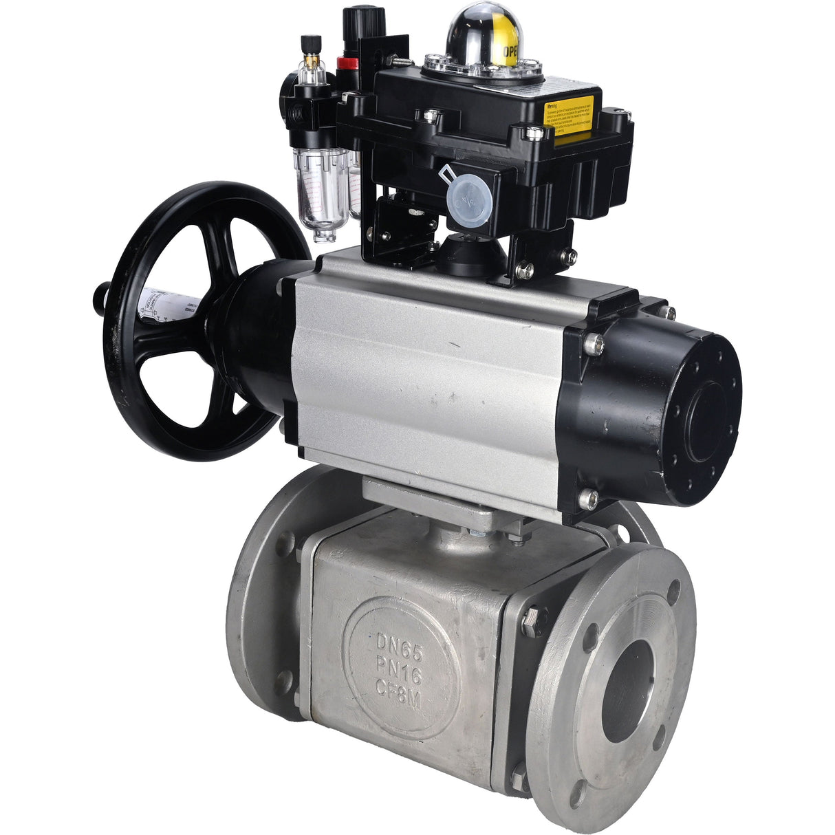Ball valves Elephant BV3232P(4pc)-FP-3WL-F-ISO-H DN100 16 bar full bore, flanged, body - stainless steel SS316, ISO flange F10/F12, square 19x19, with pneumatic actuator PA-DA-105-1, pneumatic distributor 4M310-08 24V, LSU APL-410N EX and ATU AFC2000