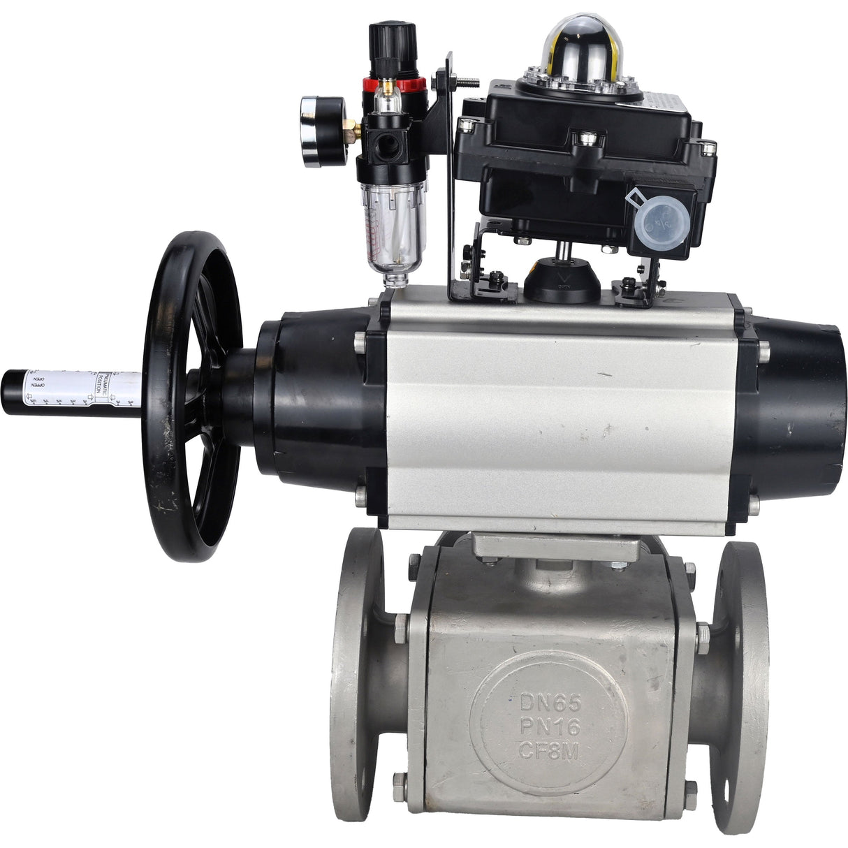 Ball valves Elephant BV3232P(4pc)-FP-3WL-F-ISO-H DN100 16 bar full bore, flanged, body - stainless steel SS316, ISO flange F10/F12, square 19x19, with pneumatic actuator PA-DA-105-1, pneumatic distributor 4M310-08 220V, LSU APL-410N EX and ATU AFC2000