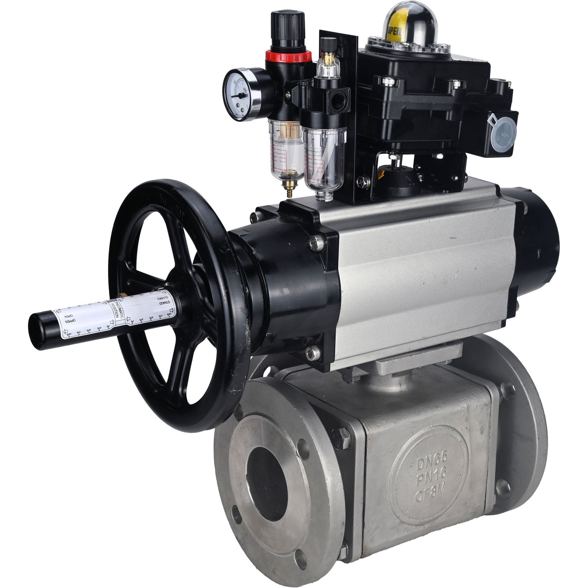 Ball valves Elephant BV3232P(4pc)-FP-3WL-F-ISO-H DN100 16 bar full bore, flanged, body - stainless steel SS316, ISO flange F10/F12, square 19x19, with pneumatic actuator PA-DA-105-1, pneumatic distributor 4M310-08 220V, LSU APL-410N EX and ATU AFC2000