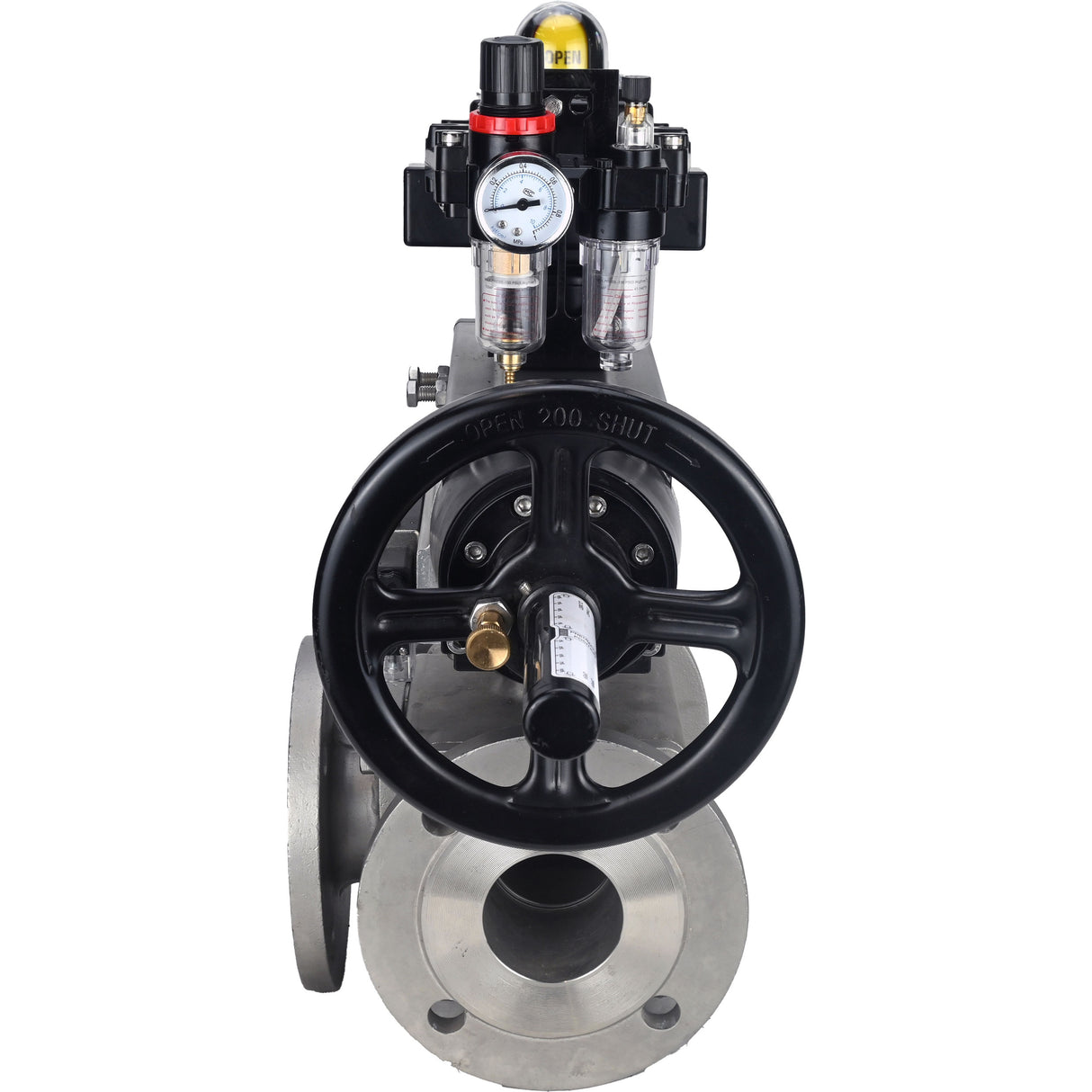 Ball valves Elephant BV3232P(4pc)-FP-3WL-F-ISO-H DN100 16 bar full bore, flanged, body - stainless steel SS316, ISO flange F10/F12, square 19x19, with pneumatic actuator PA-DA-105-1, pneumatic distributor 4M310-08 24V, LSU APL-410N EX and ATU AFC2000