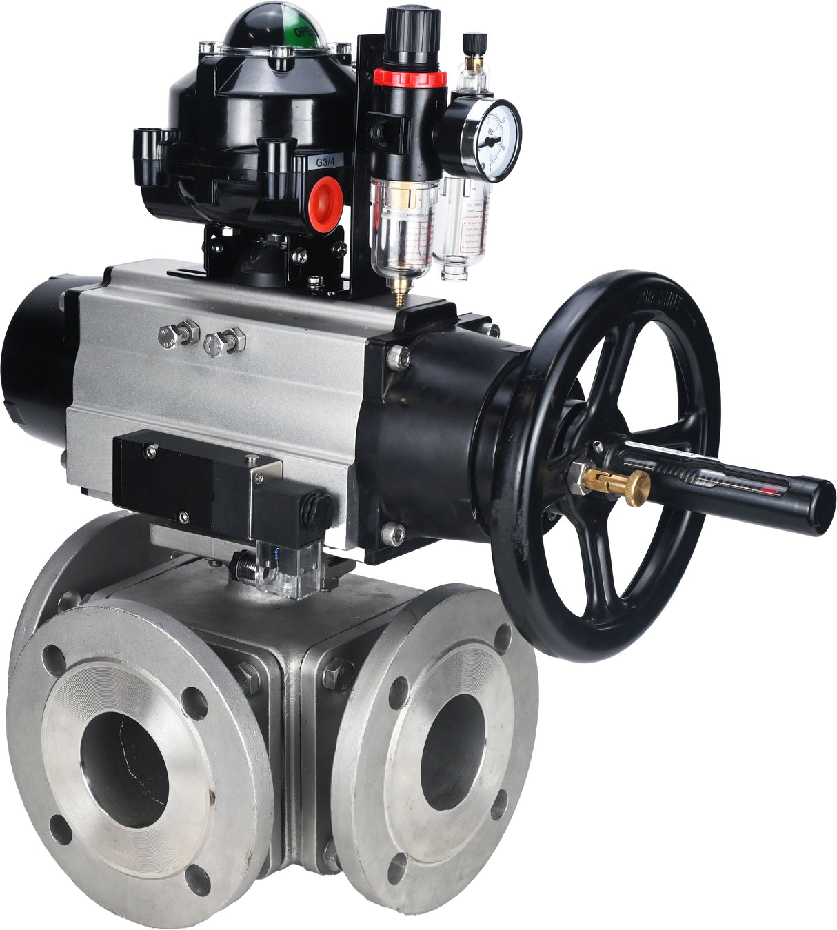 Ball valves Elephant BV3232P(4pc)-FP-3WL-F-ISO-H DN100 16 bar full bore, flanged, body - stainless steel SS316, ISO flange F10/F12, square 19x19, with pneumatic actuator PA-DA-105-1, pneumatic distributor 4M310-08 24V, LSU APL-510N EX and ATU AFC2000