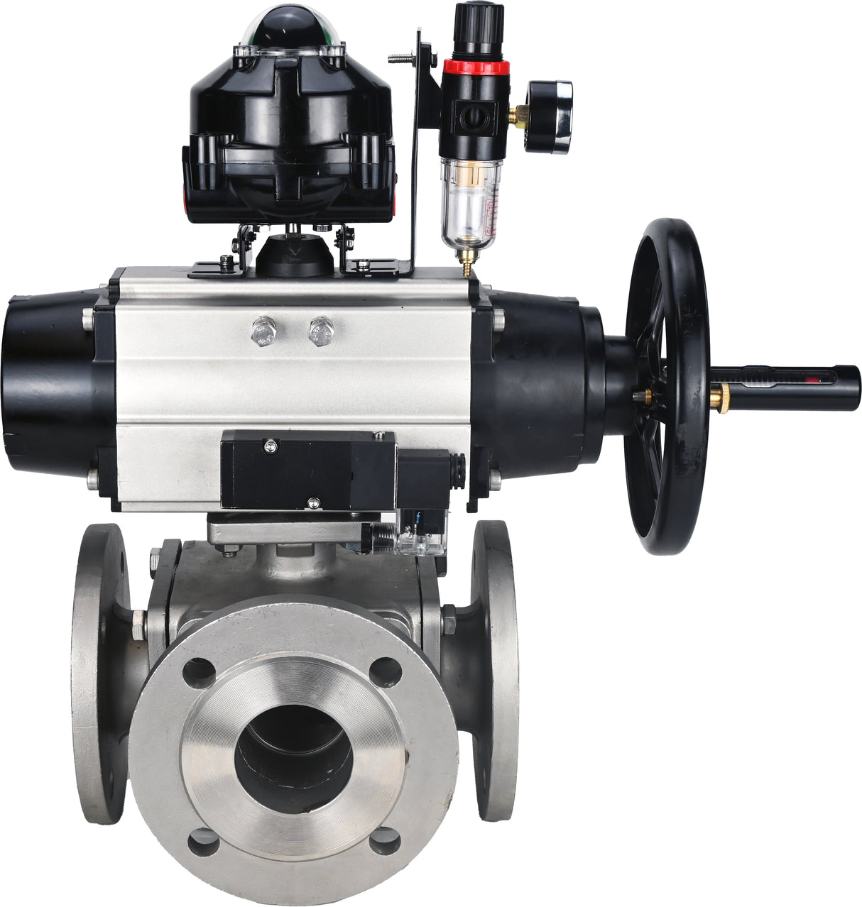Ball valves Elephant BV3232P(4pc)-FP-3WL-F-ISO-H DN100 16 bar full bore, flanged, body - stainless steel SS316, ISO flange F10/F12, square 19x19, with pneumatic actuator PA-DA-105-1, pneumatic distributor 4M310-08 24V, LSU APL-510N EX and ATU AFC2000