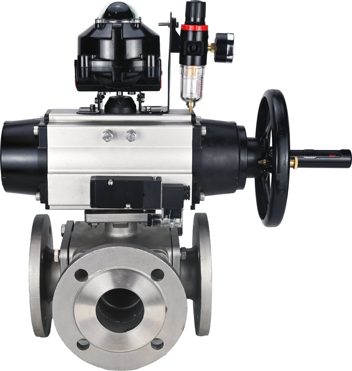 Ball valves Elephant BV3232P(4pc)-FP-3WL-F-ISO-H DN100 16 bar full bore, flanged, body - stainless steel SS316, ISO flange F10/F12, square 19x19, with pneumatic actuator PA-DA-105-1, pneumatic distributor 4M310-08 220V, LSU APL-510N EX and ATU AFC2000