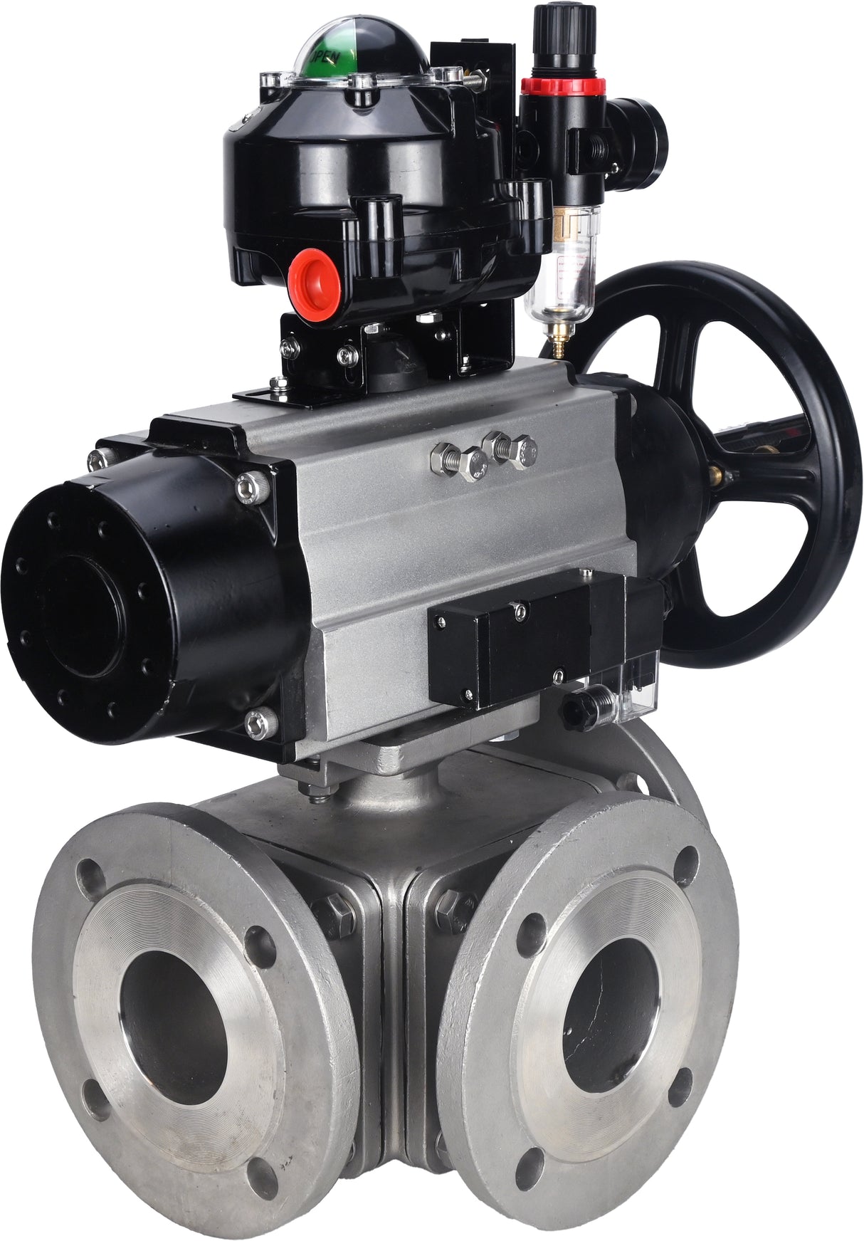 Ball valves Elephant BV3232P(4pc)-FP-3WL-F-ISO-H DN100 16 bar full bore, flanged, body - stainless steel SS316, ISO flange F10/F12, square 19x19, with pneumatic actuator PA-DA-105-1, pneumatic distributor 4M310-08 24V, LSU APL-510N EX and ATU AFC2000