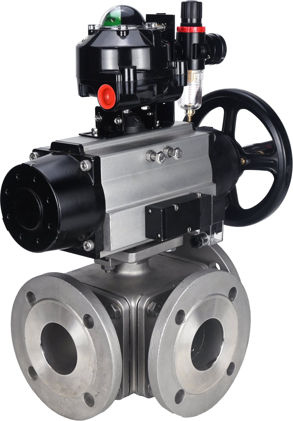 Ball valves Elephant BV3232P(4pc)-FP-3WL-F-ISO-H DN100 16 bar full bore, flanged, body - stainless steel SS316, ISO flange F10/F12, square 19x19, with pneumatic actuator PA-DA-105-1, pneumatic distributor 4M310-08 24V, LSU APL-510N EX and ATU AFC2000