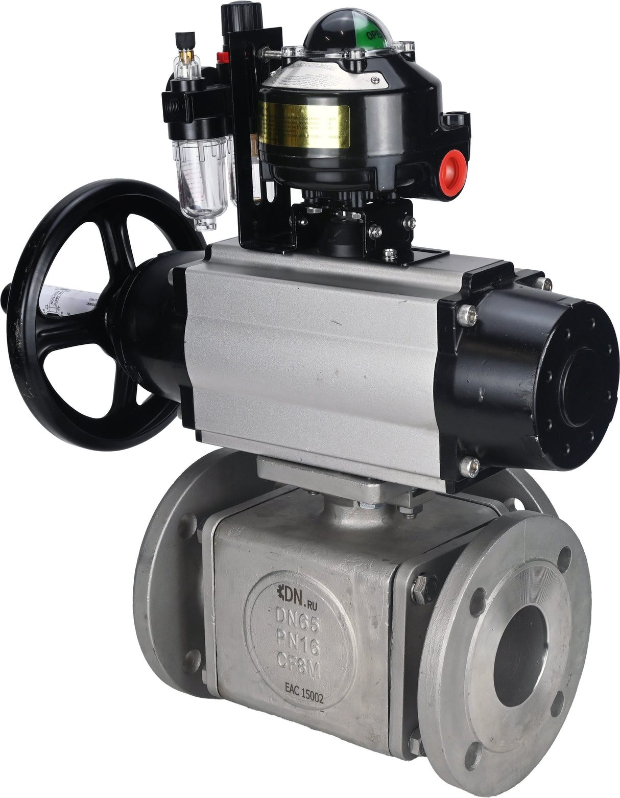 Ball valves Elephant BV3232P(4pc)-FP-3WL-F-ISO-H DN100 16 bar full bore, flanged, body - stainless steel SS316, ISO flange F10/F12, square 19x19, with pneumatic actuator PA-DA-105-1, pneumatic distributor 4M310-08 24V, LSU APL-510N EX and ATU AFC2000