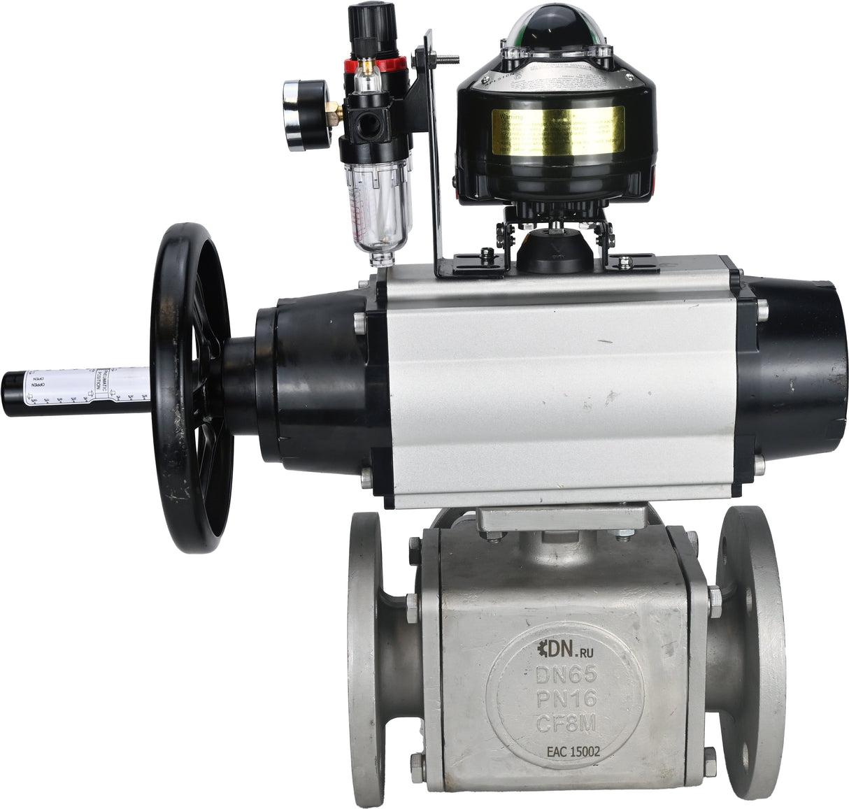 Ball valves Elephant BV3232P(4pc)-FP-3WL-F-ISO-H DN100 16 bar full bore, flanged, body - stainless steel SS316, ISO flange F10/F12, square 19x19, with pneumatic actuator PA-DA-105-1, pneumatic distributor 4M310-08 220V, LSU APL-510N EX and ATU AFC2000
