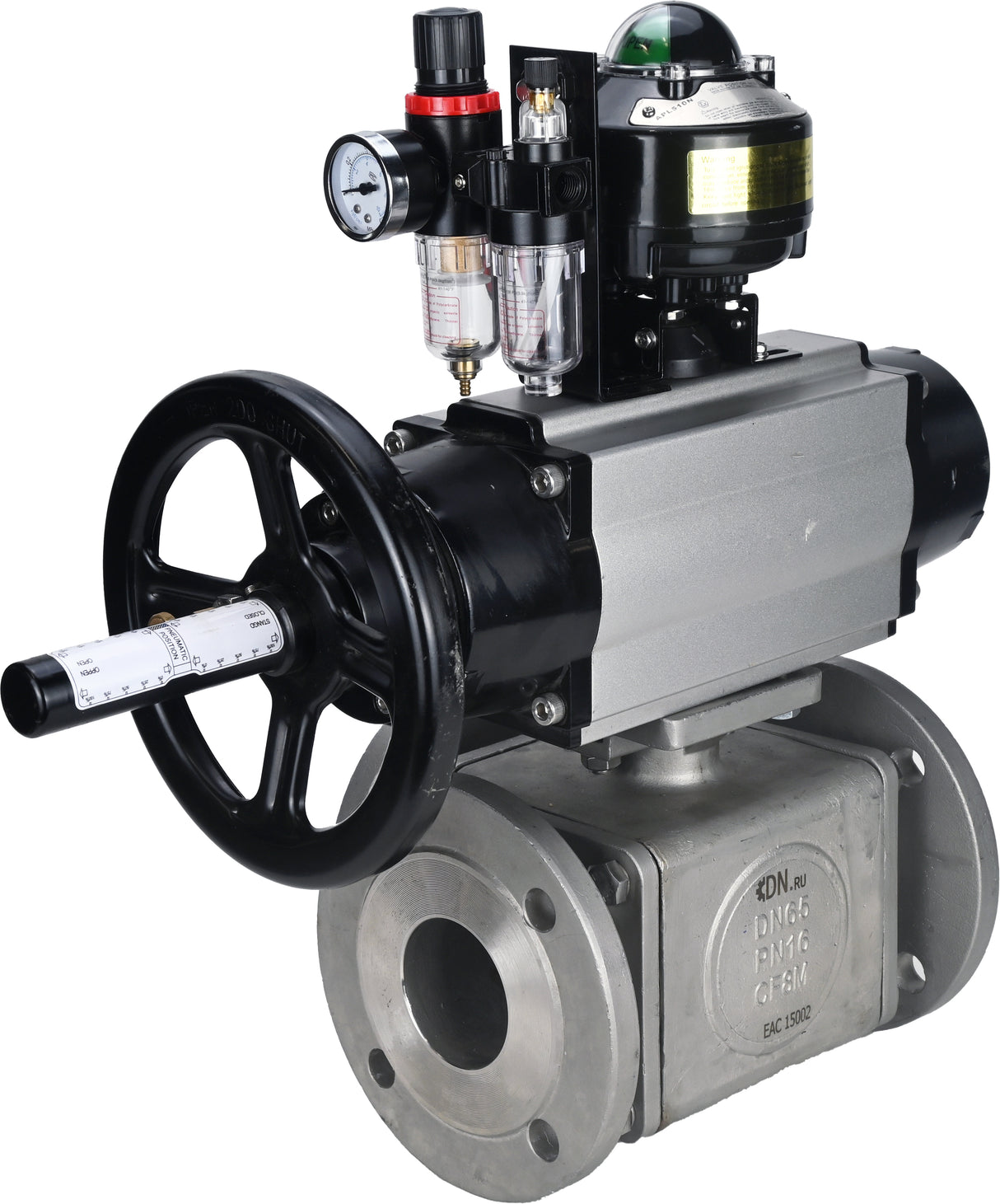 Ball valves Elephant BV3232P(4pc)-FP-3WL-F-ISO-H DN100 16 bar full bore, flanged, body - stainless steel SS316, ISO flange F10/F12, square 19x19, with pneumatic actuator PA-DA-105-1, pneumatic distributor 4M310-08 24V, LSU APL-510N EX and ATU AFC2000