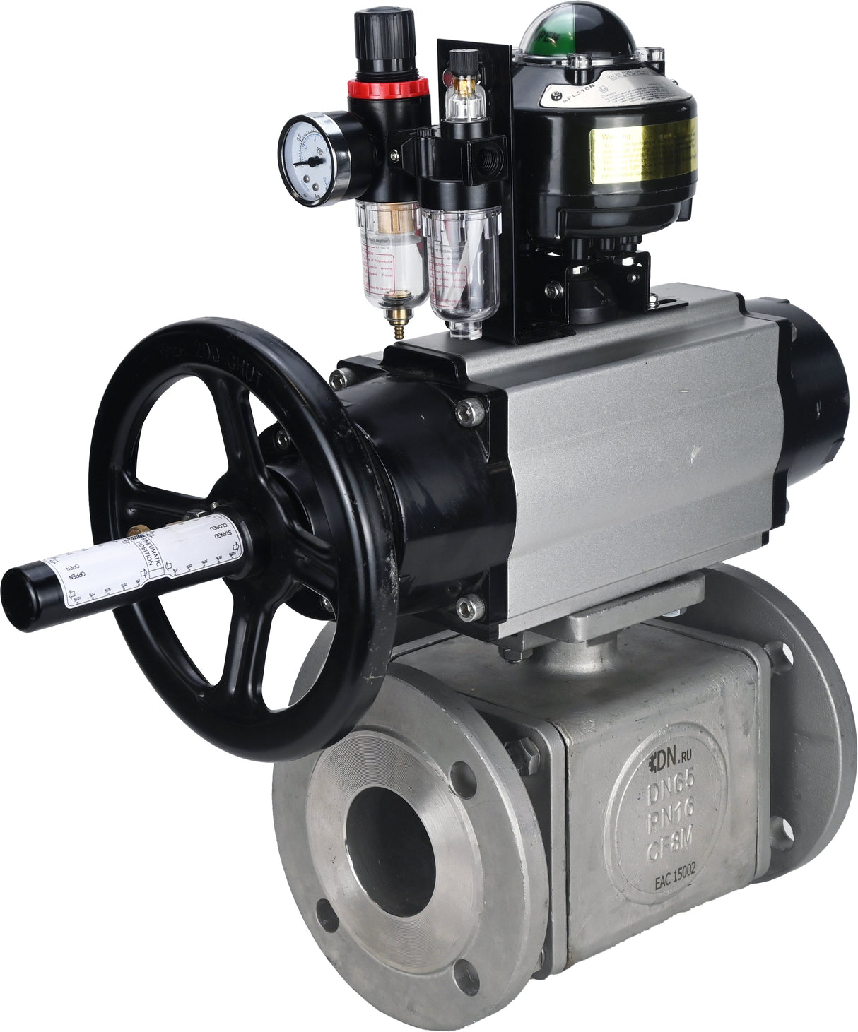 Ball valves Elephant BV3232P(4pc)-FP-3WL-F-ISO-H DN100 16 bar full bore, flanged, body - stainless steel SS316, ISO flange F10/F12, square 19x19, with pneumatic actuator PA-DA-105-1, pneumatic distributor 4M310-08 220V, LSU APL-510N EX and ATU AFC2000