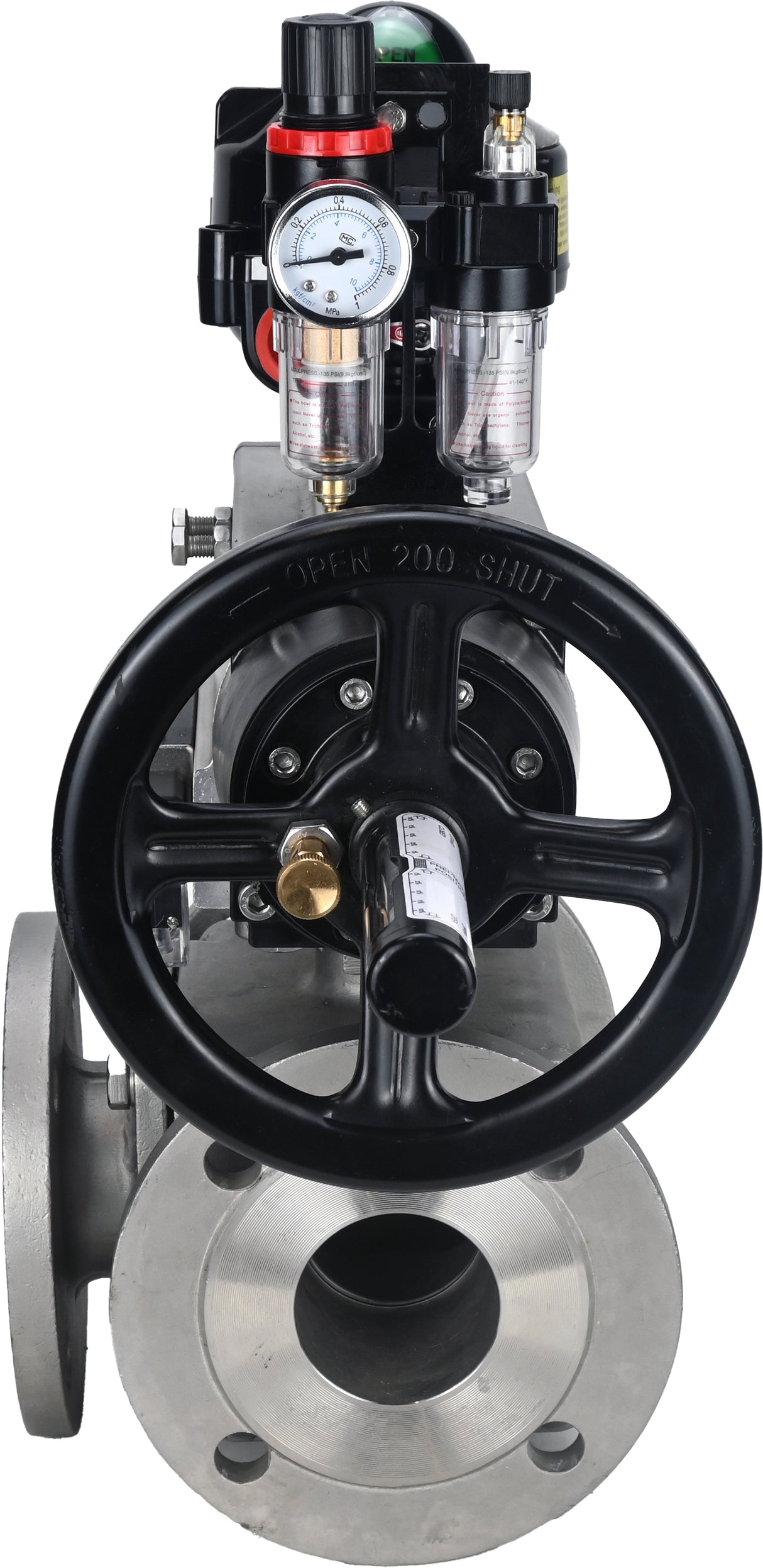 Ball valves Elephant BV3232P(4pc)-FP-3WL-F-ISO-H DN100 16 bar full bore, flanged, body - stainless steel SS316, ISO flange F10/F12, square 19x19, with pneumatic actuator PA-DA-105-1, pneumatic distributor 4M310-08 24V, LSU APL-510N EX and ATU AFC2000