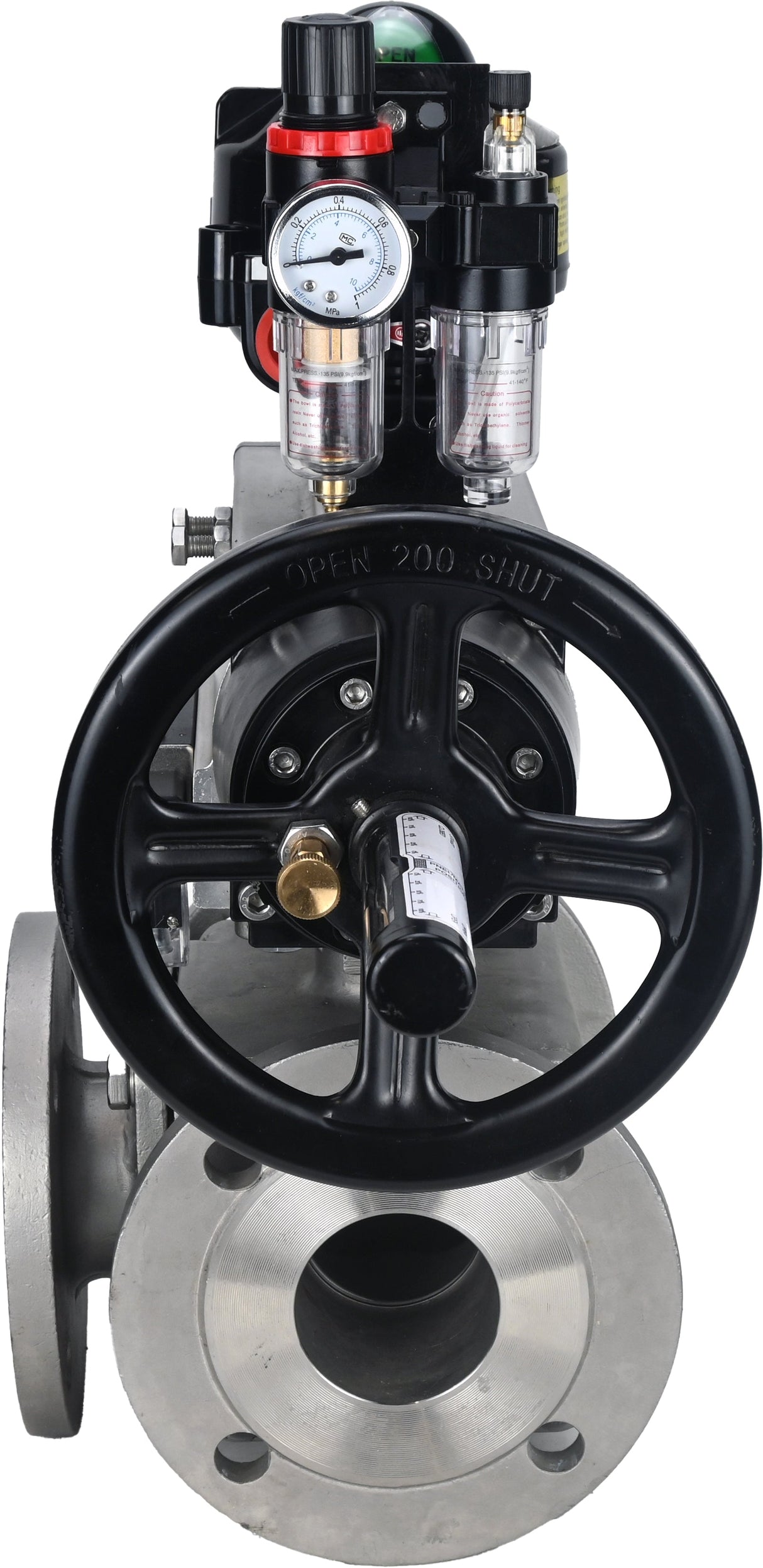 Ball valves Elephant BV3232P(4pc)-FP-3WL-F-ISO-H DN100 16 bar full bore, flanged, body - stainless steel SS316, ISO flange F10/F12, square 19x19, with pneumatic actuator PA-DA-105-1, pneumatic distributor 4M310-08 220V, LSU APL-510N EX and ATU AFC2000