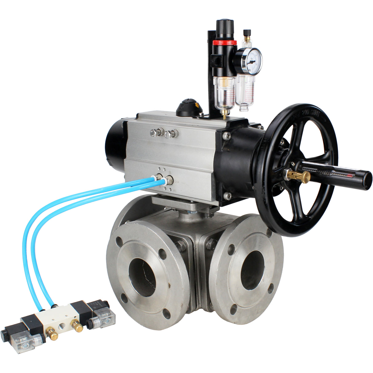 Ball valves Elephant BV3232P(4pc)-FP-3WL-F-ISO-H DN100 16 bar full bore, flanged, body - stainless steel SS316, ISO flange F10/F12, square 19x19, with double pneumatic actuator PA-DA-105-1 action, pneumatic distributor 4V320-8 220V and ATU AFC2000