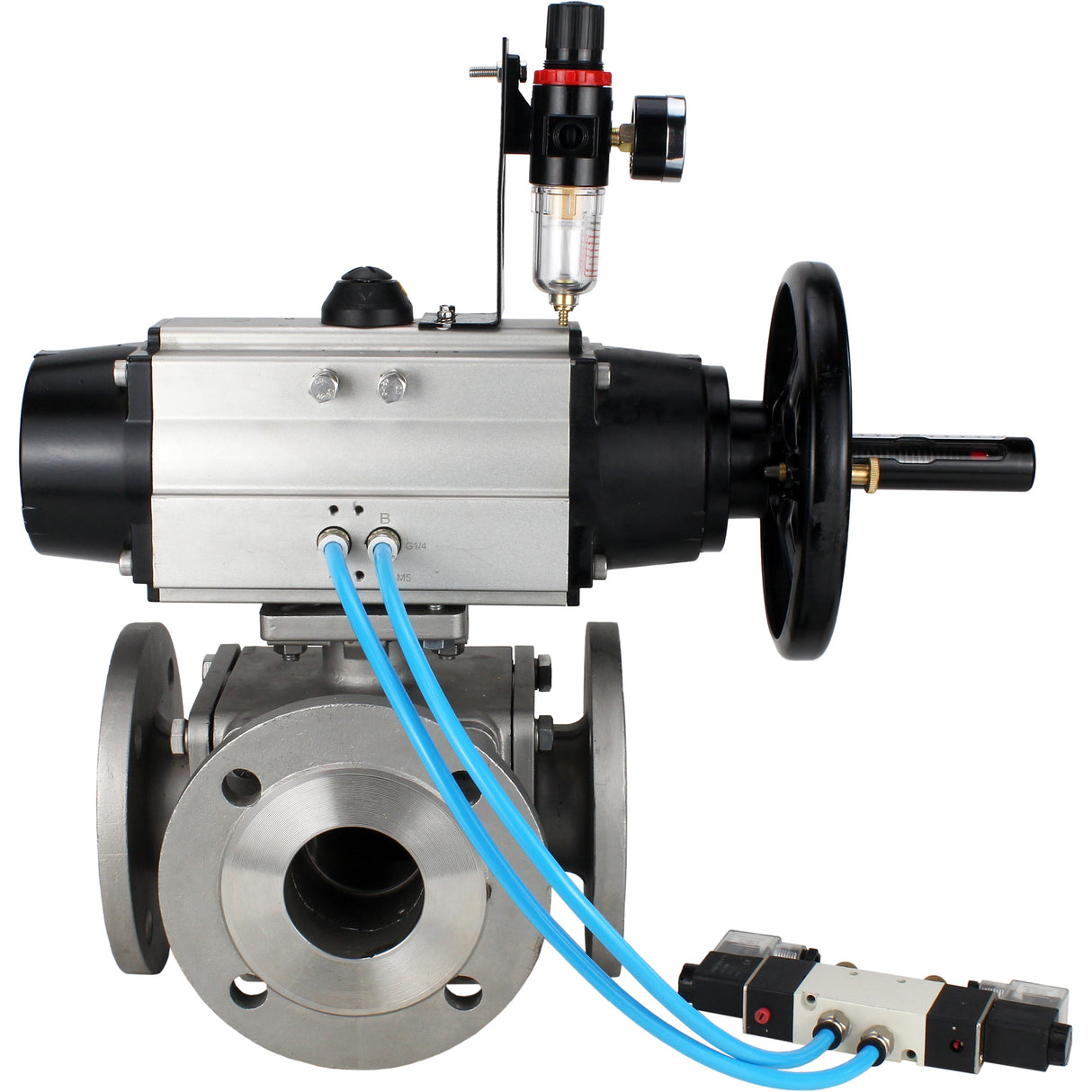 Ball valves Elephant BV3232P(4pc)-FP-3WL-F-ISO-H DN100 16 bar full bore, flanged, body - stainless steel SS316, ISO flange F10/F12, square 19x19, with double pneumatic actuator PA-DA-105-1 action, pneumatic distributor 4V320-10 220V and ATU AFC2000