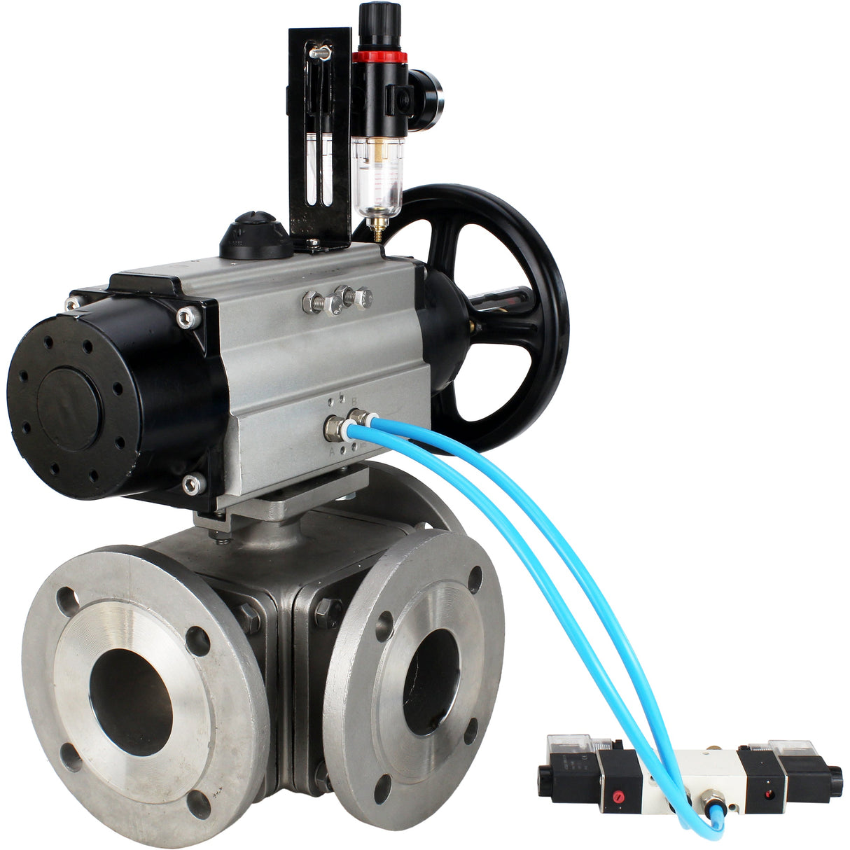 Ball valves Elephant BV3232P(4pc)-FP-3WL-F-ISO-H DN100 16 bar full bore, flanged, body - stainless steel SS316, ISO flange F10/F12, square 19x19, with double pneumatic actuator PA-DA-105-1 action, pneumatic distributor 4V320-10 220V and ATU AFC2000