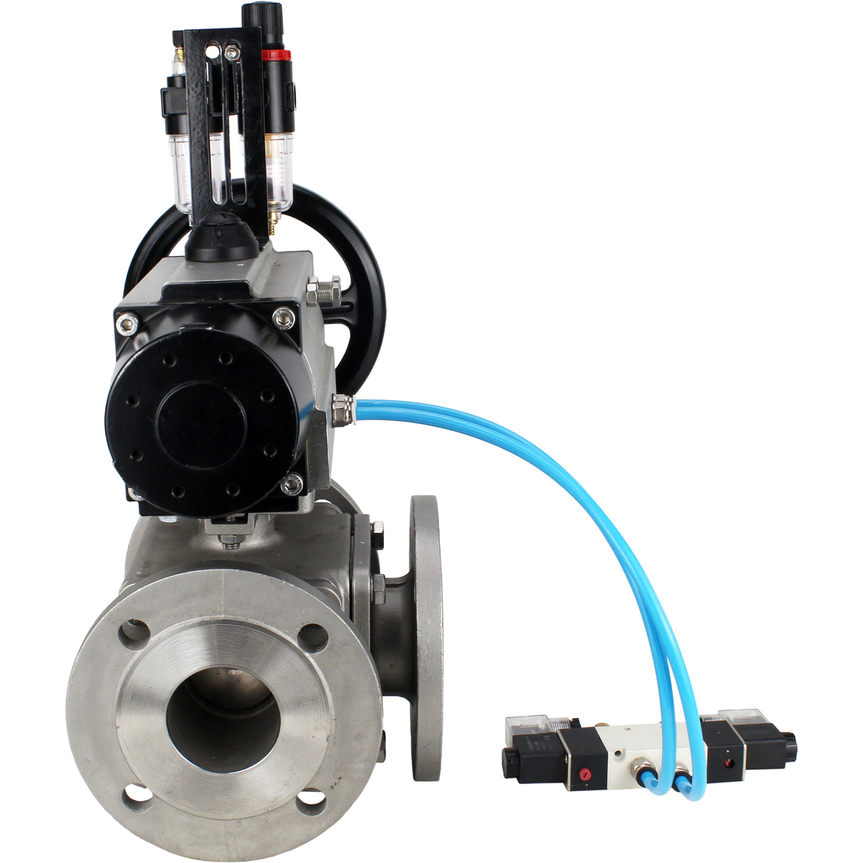 Ball valves Elephant BV3232P(4pc)-FP-3WL-F-ISO-H DN100 16 bar full bore, flanged, body - stainless steel SS316, ISO flange F10/F12, square 19x19, with double pneumatic actuator PA-DA-105-1 action, pneumatic distributor 4V320-8 220V and ATU AFC2000