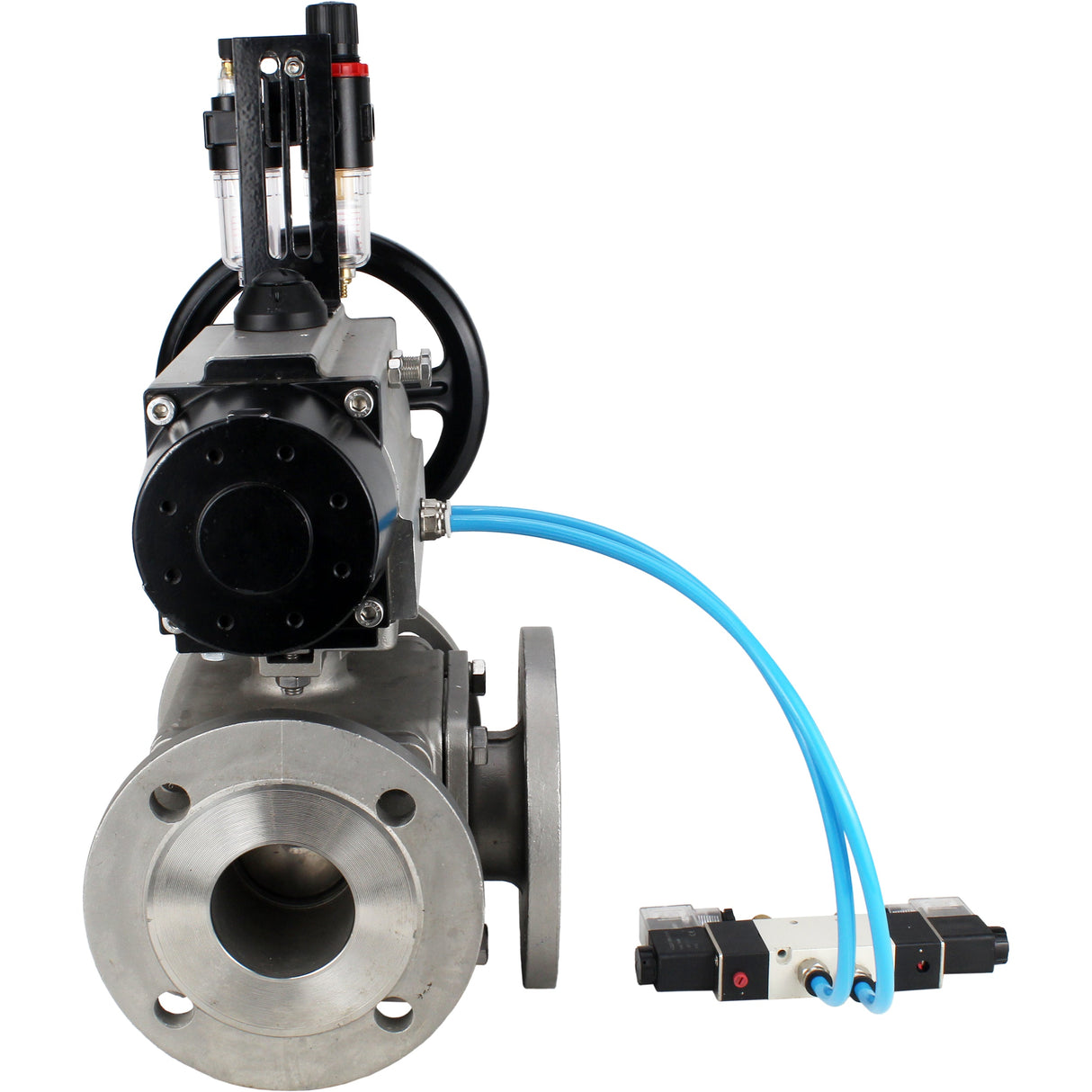 Ball valves Elephant BV3232P(4pc)-FP-3WL-F-ISO-H DN100 16 bar full bore, flanged, body - stainless steel SS316, ISO flange F10/F12, square 19x19, with double pneumatic actuator PA-DA-105-1 action, pneumatic distributor 4V320-10 220V and ATU AFC2000