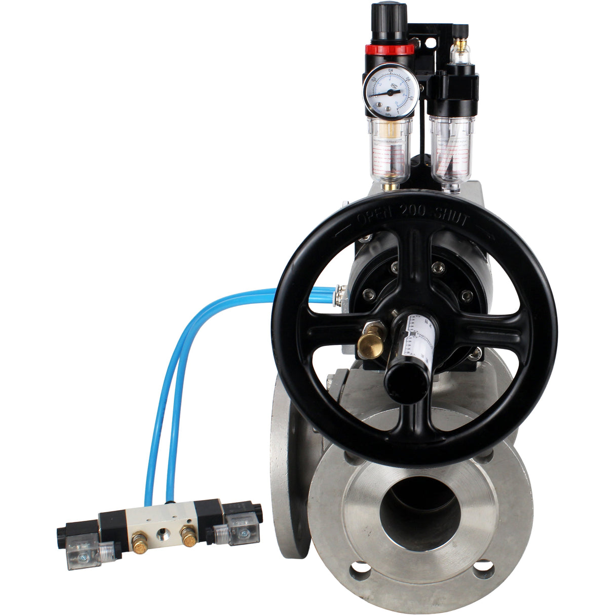 Ball valves Elephant BV3232P(4pc)-FP-3WL-F-ISO-H DN100 16 bar full bore, flanged, body - stainless steel SS316, ISO flange F10/F12, square 19x19, with double pneumatic actuator PA-DA-105-1 action, pneumatic distributor 4V320-10 220V and ATU AFC2000