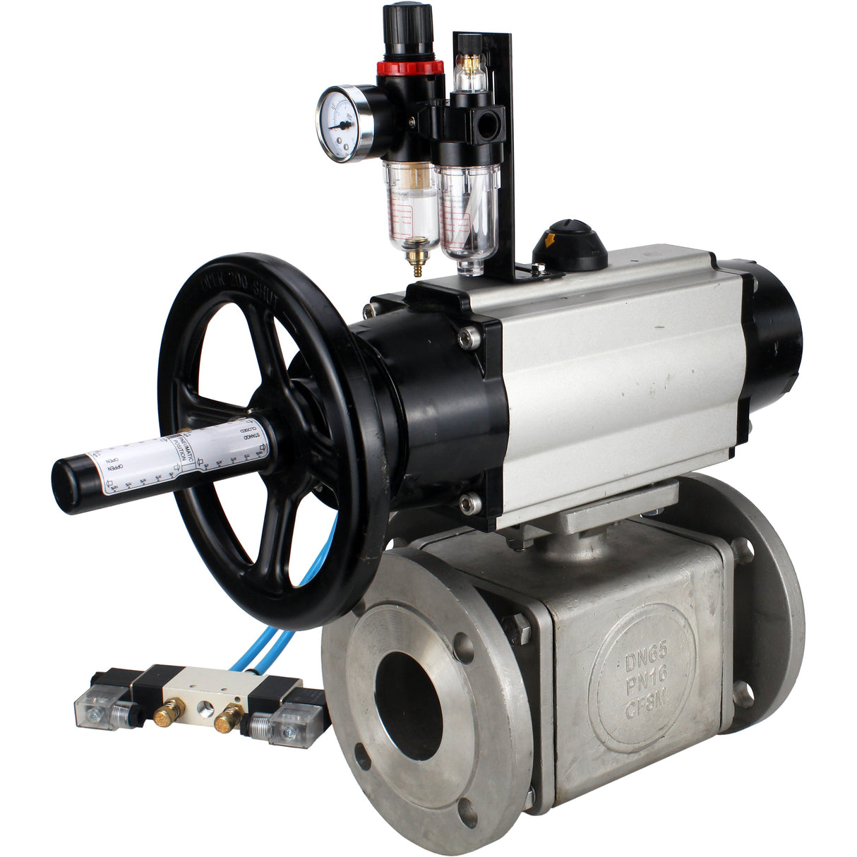 Ball valves Elephant BV3232P(4pc)-FP-3WL-F-ISO-H DN100 16 bar full bore, flanged, body - stainless steel SS316, ISO flange F10/F12, square 19x19, with double pneumatic actuator PA-DA-105-1 action, pneumatic distributor 4V320-10 220V and ATU AFC2000