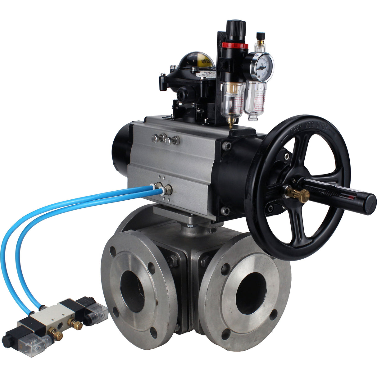 Ball valves Elephant BV3232P(4pc)-FP-3WL-F-ISO-H DN100 16 bar full bore, flanged, body - stainless steel SS316, ISO flange F10/F12, square 19x19, with pneumatic actuator PA-DA-105-1, pneumatic distributor 4V320-10 220V, LSU APL-210N and ATU AFC2000