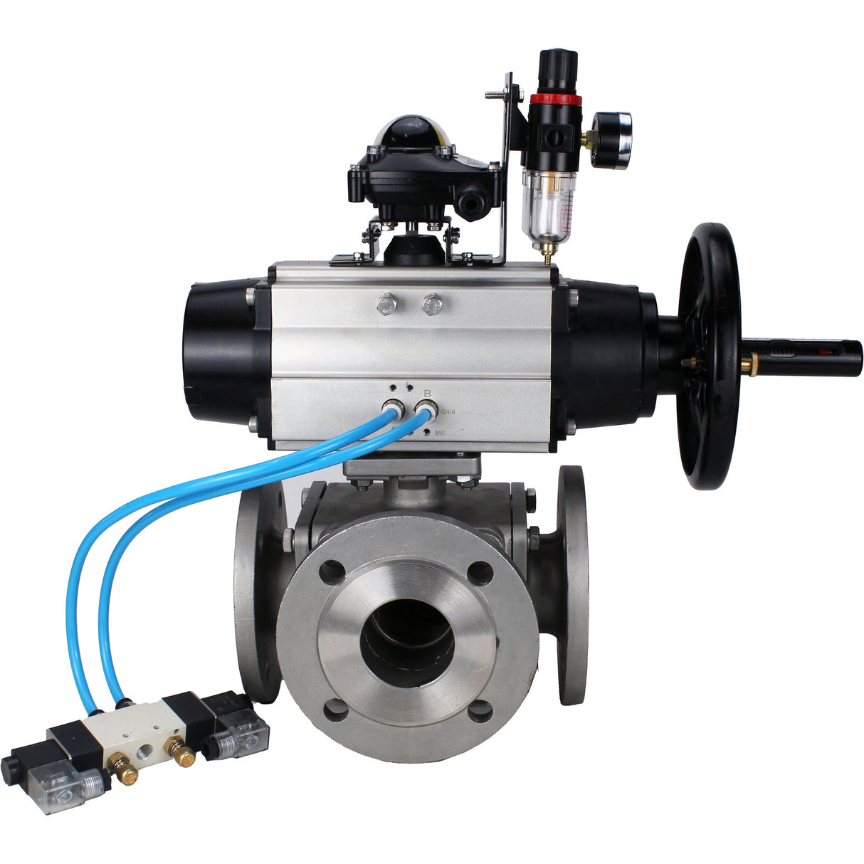 Ball valves Elephant BV3232P(4pc)-FP-3WL-F-ISO-H DN100 16 bar full bore, flanged, body - stainless steel SS316, ISO flange F10/F12, square 19x19, with pneumatic actuator PA-DA-105-1, pneumatic distributor 4V320-10 220V, LSU APL-210N and ATU AFC2000