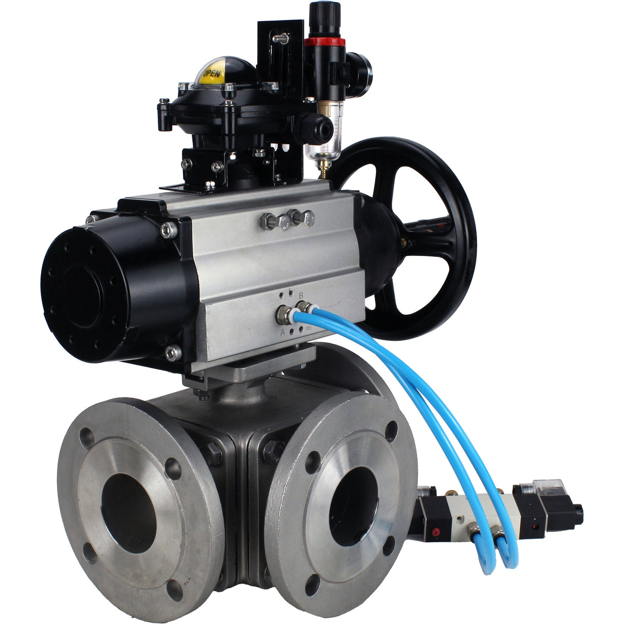 Ball valves Elephant BV3232P(4pc)-FP-3WL-F-ISO-H DN100 16 bar full bore, flanged, body - stainless steel SS316, ISO flange F10/F12, square 19x19, with pneumatic actuator PA-DA-105-1, pneumatic distributor 4V320-8 220V, LSU APL-210N and ATU AFC2000